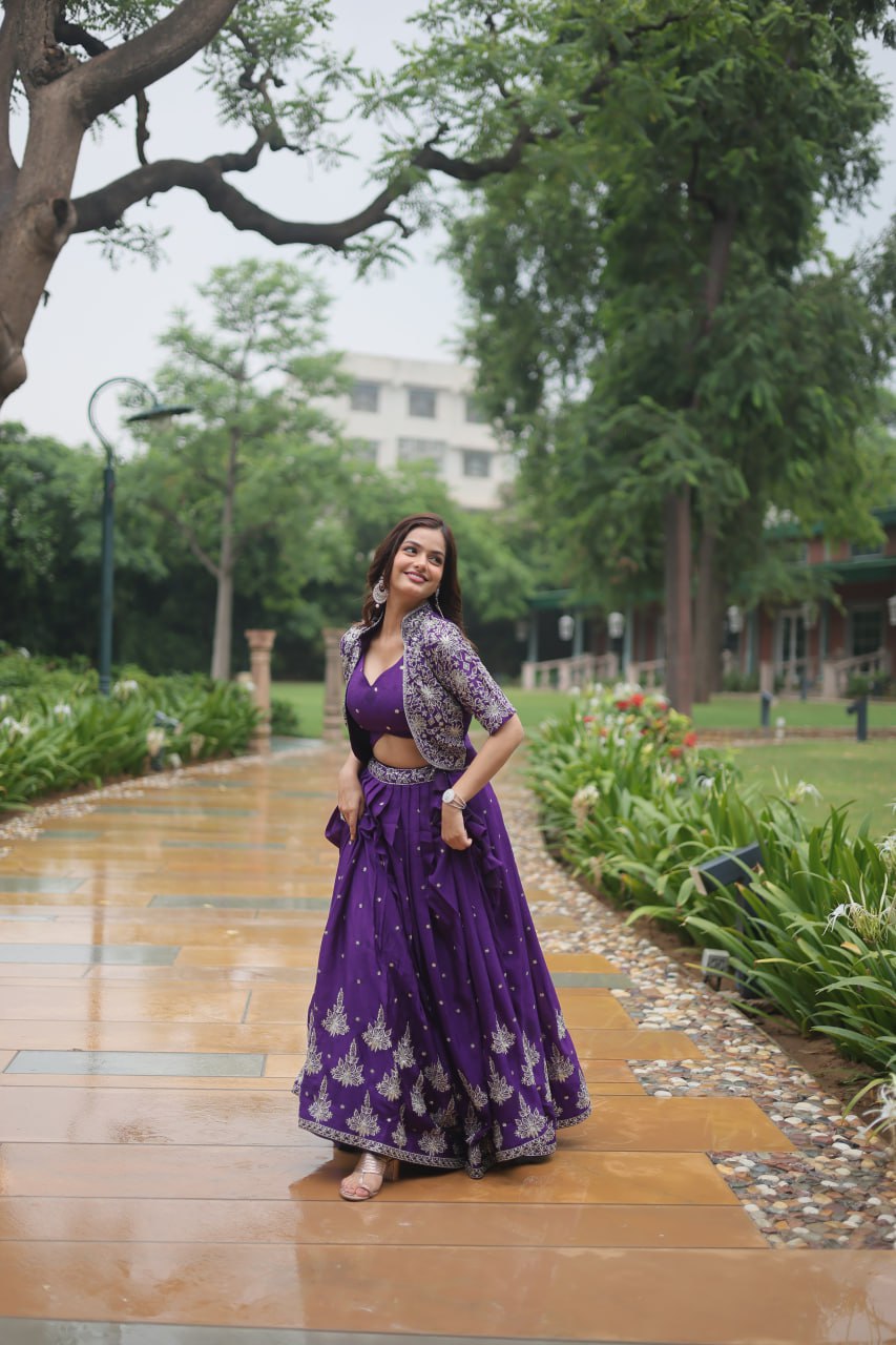 Ravishing Purple Pure Chinon Sequins Embroidered Top Koti Lehenga Set - INDIAN ELEGANCE