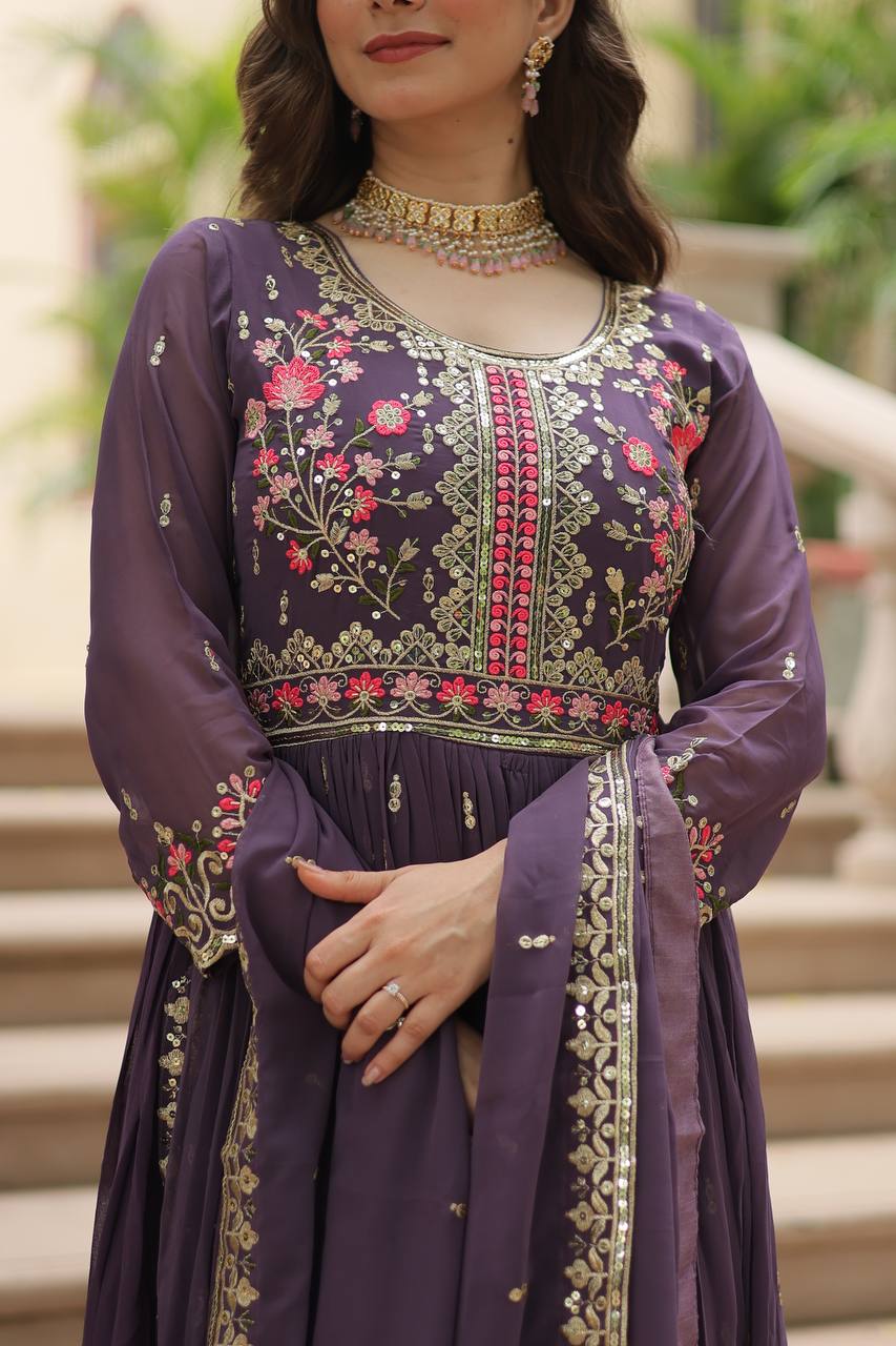Breathtaking Faux Georgette Rich Sequins Embroidered Top Sharara Suit - INDIAN ELEGANCE