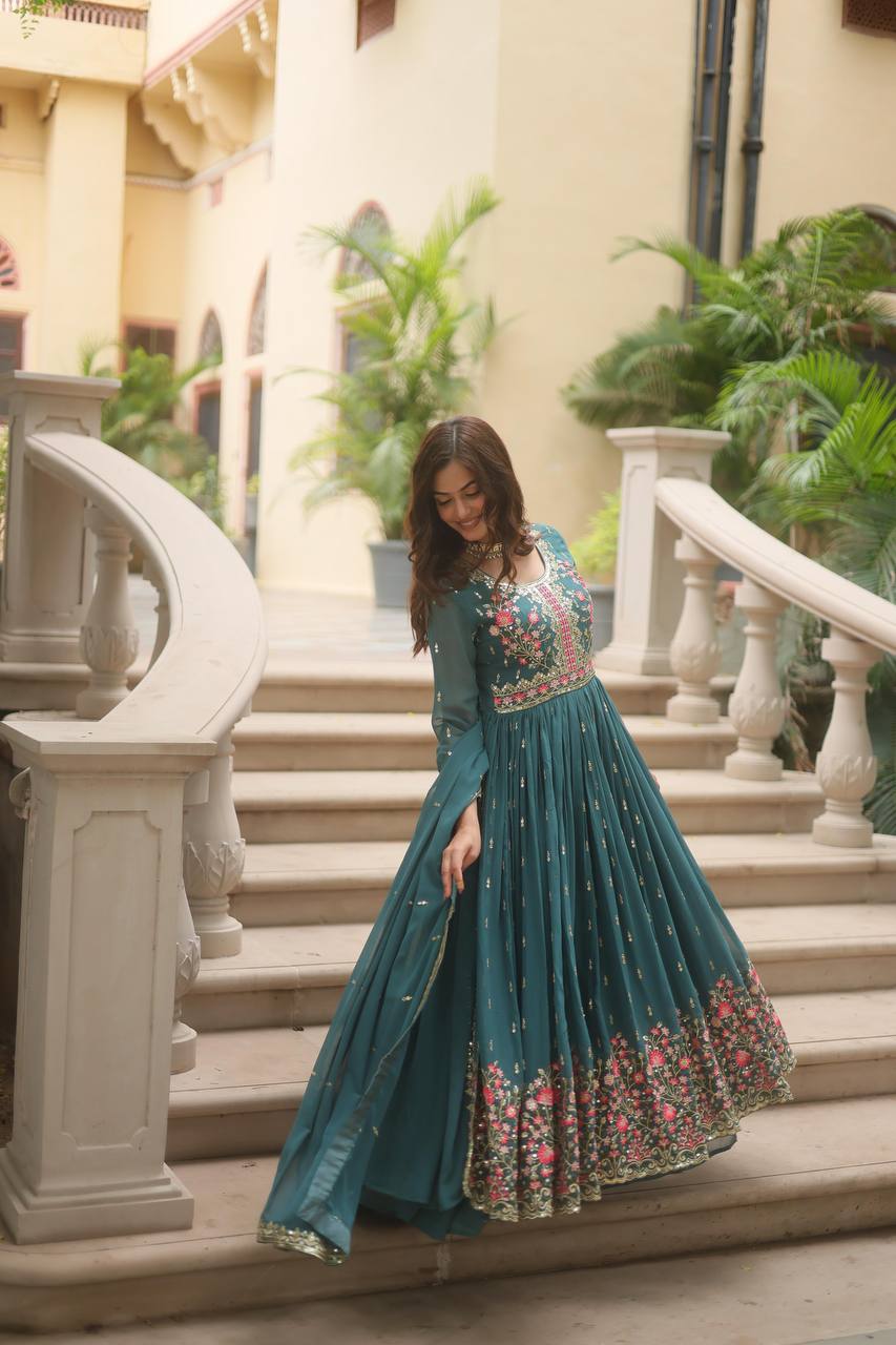 Breathtaking Faux Georgette Rich Sequins Embroidered Top Sharara Suit - INDIAN ELEGANCE