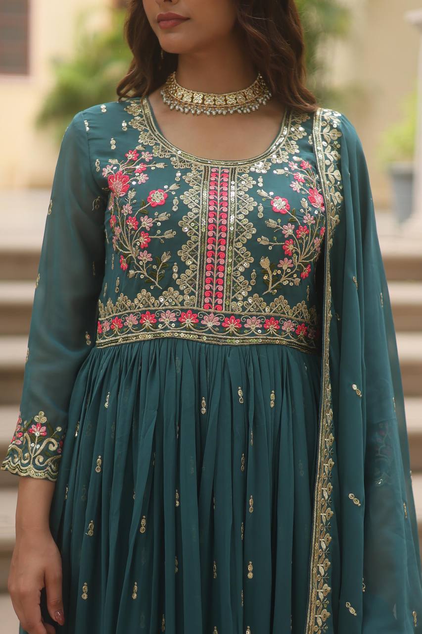 Breathtaking Faux Georgette Rich Sequins Embroidered Top Sharara Suit - INDIAN ELEGANCE