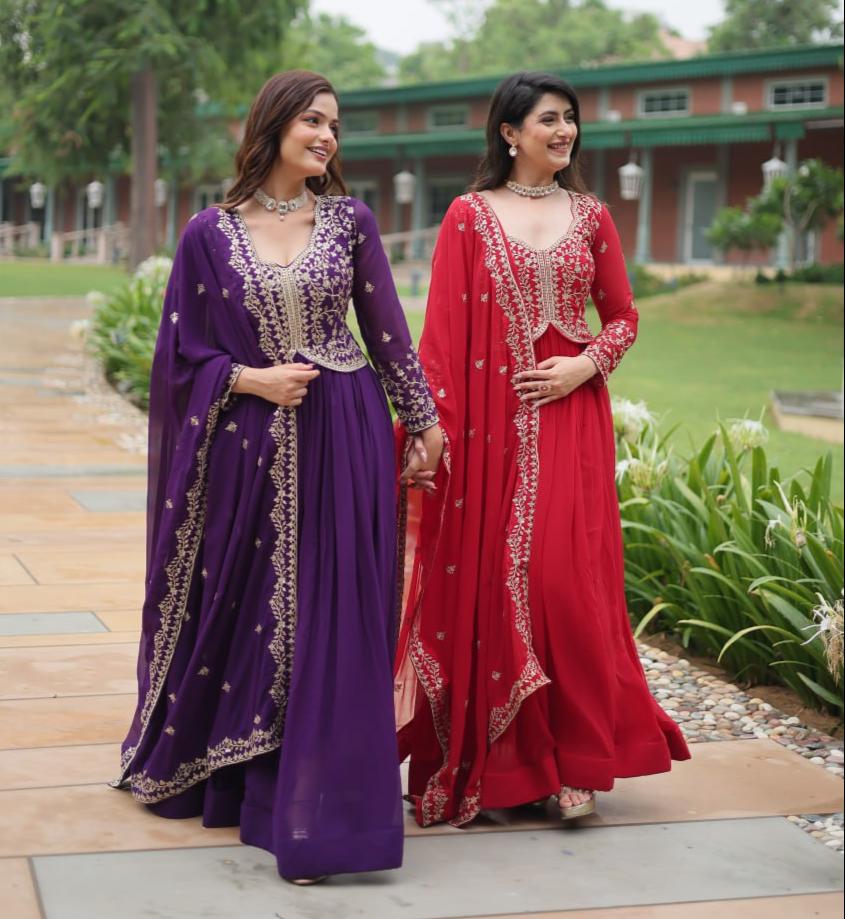 Radiant Faux Georgette Intricate Sequins Embroidered Gown With Dupatta - INDIAN ELEGANCE