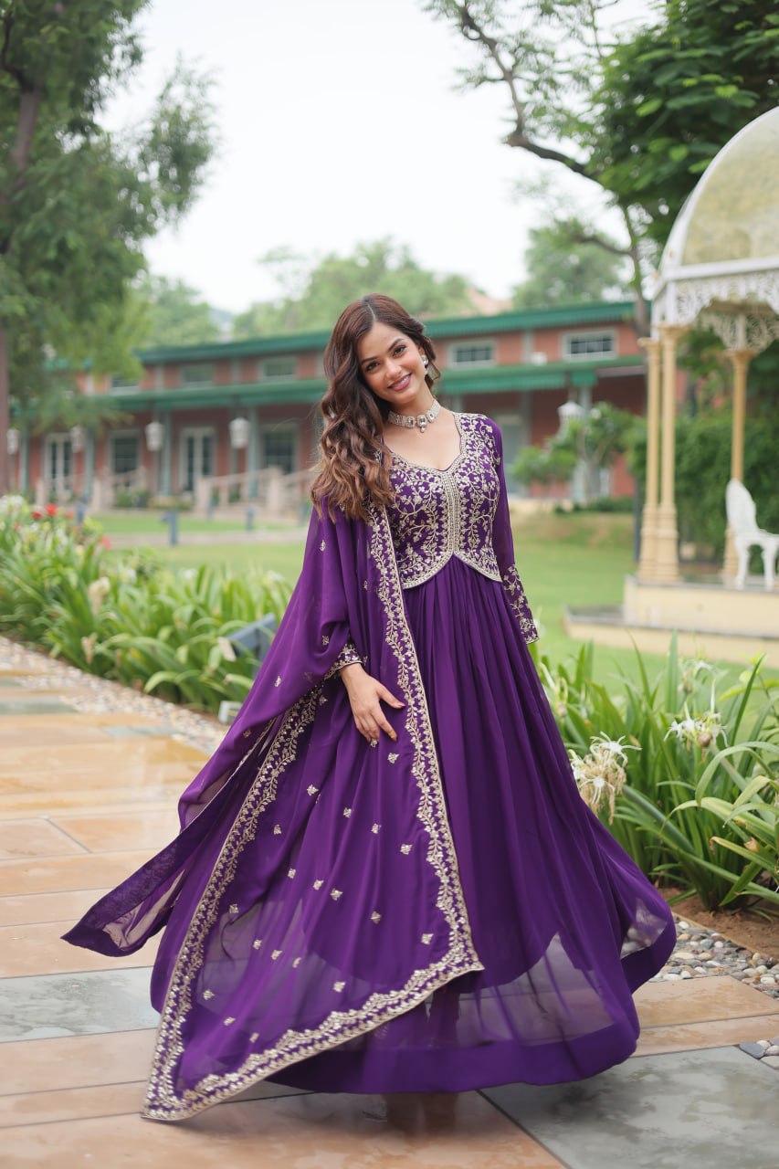 Radiant Faux Georgette Intricate Sequins Embroidered Gown With Dupatta - INDIAN ELEGANCE