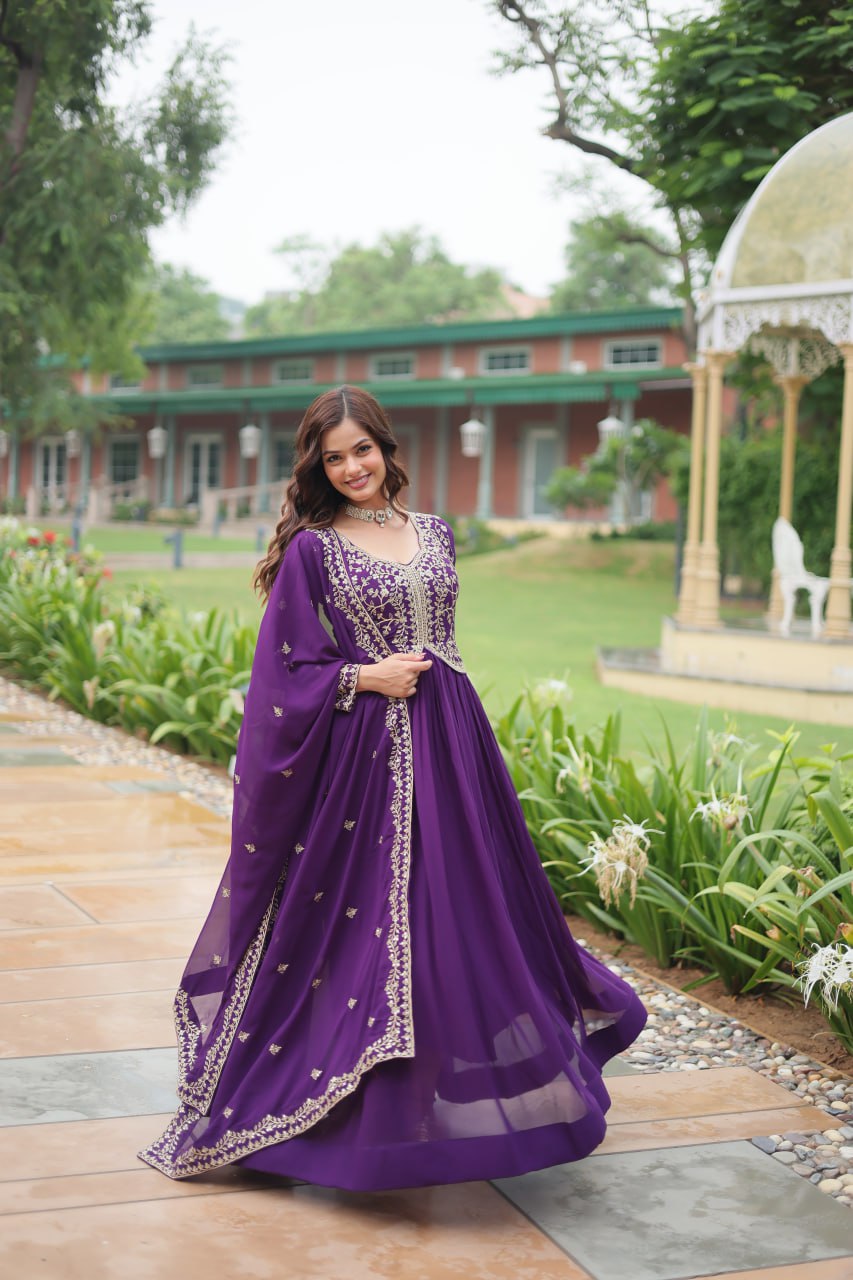 Radiant Faux Georgette Intricate Sequins Embroidered Gown With Dupatta - INDIAN ELEGANCE