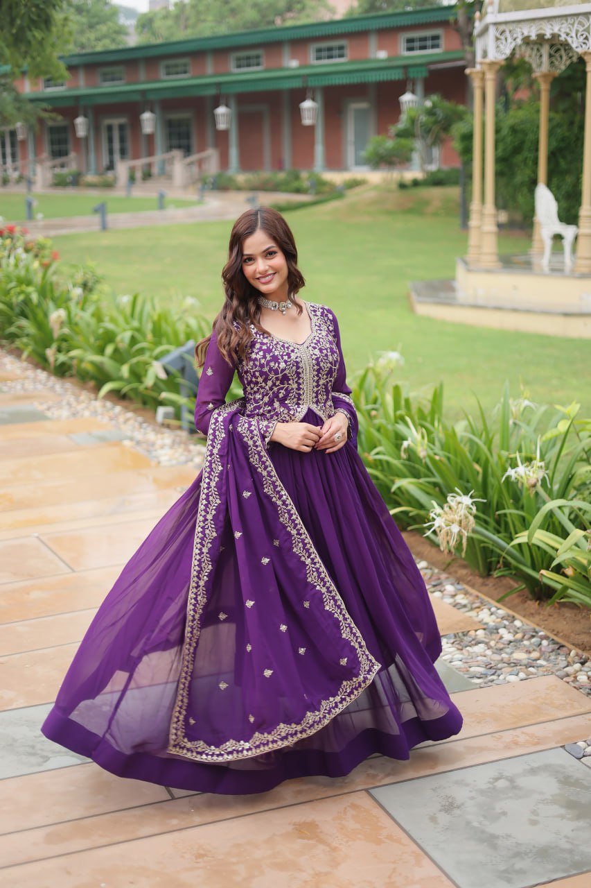 Radiant Faux Georgette Intricate Sequins Embroidered Gown With Dupatta - INDIAN ELEGANCE