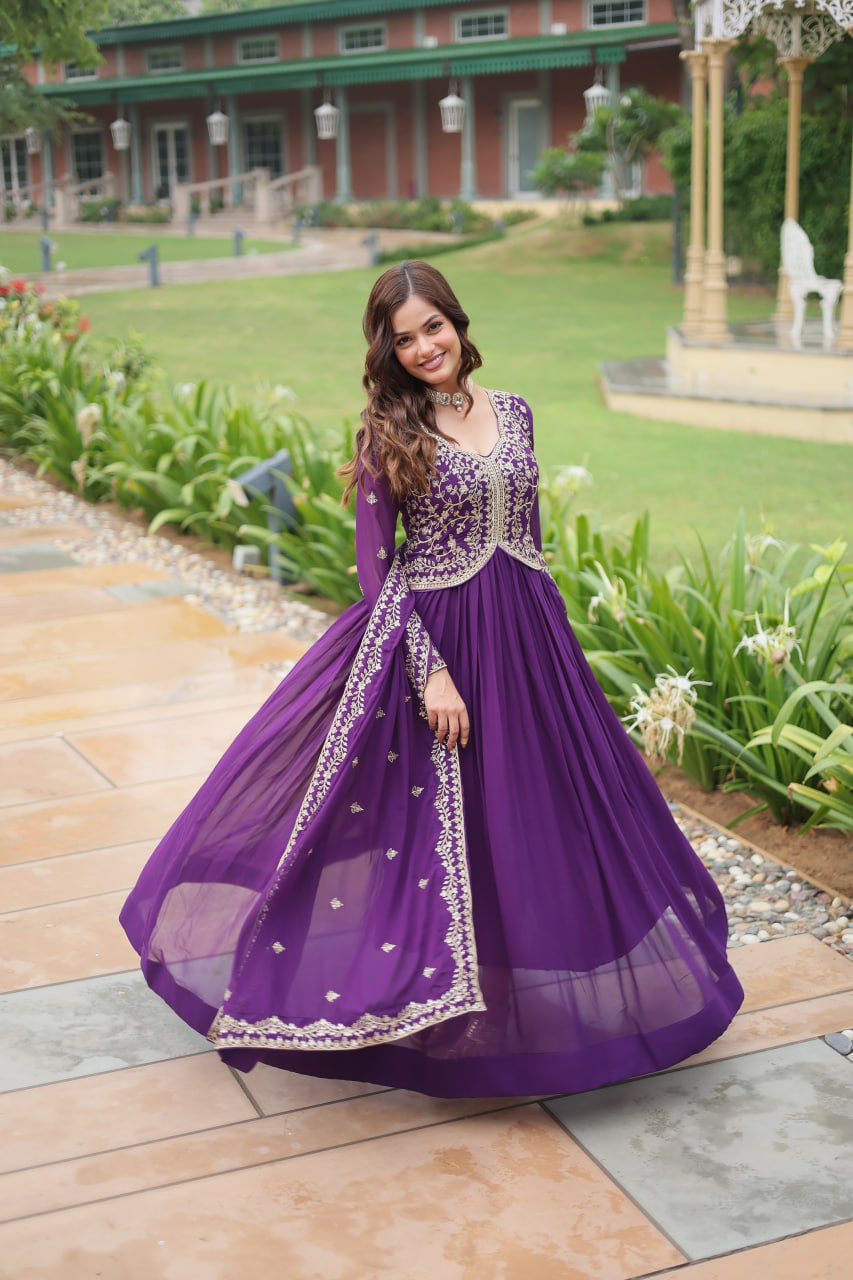 Radiant Faux Georgette Intricate Sequins Embroidered Gown With Dupatta - INDIAN ELEGANCE