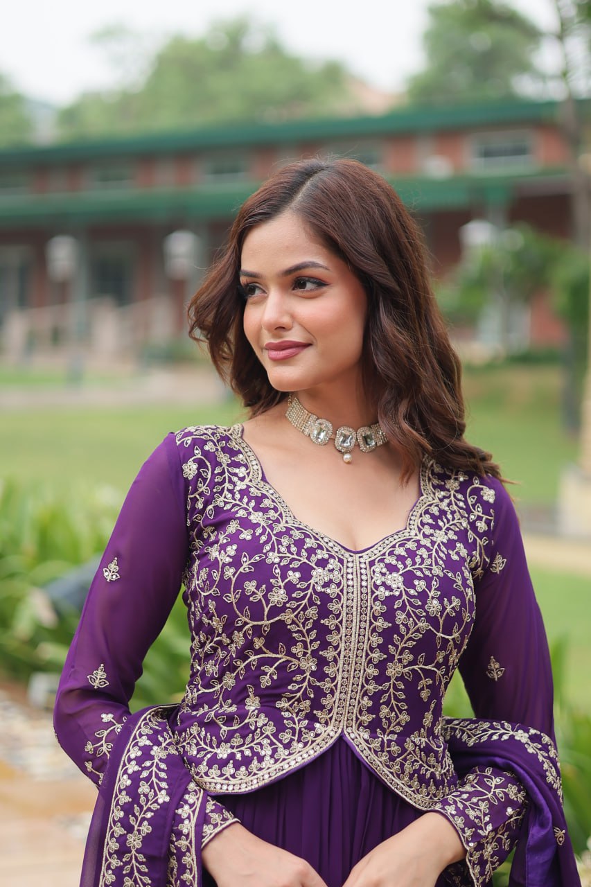 Radiant Faux Georgette Intricate Sequins Embroidered Gown With Dupatta - INDIAN ELEGANCE