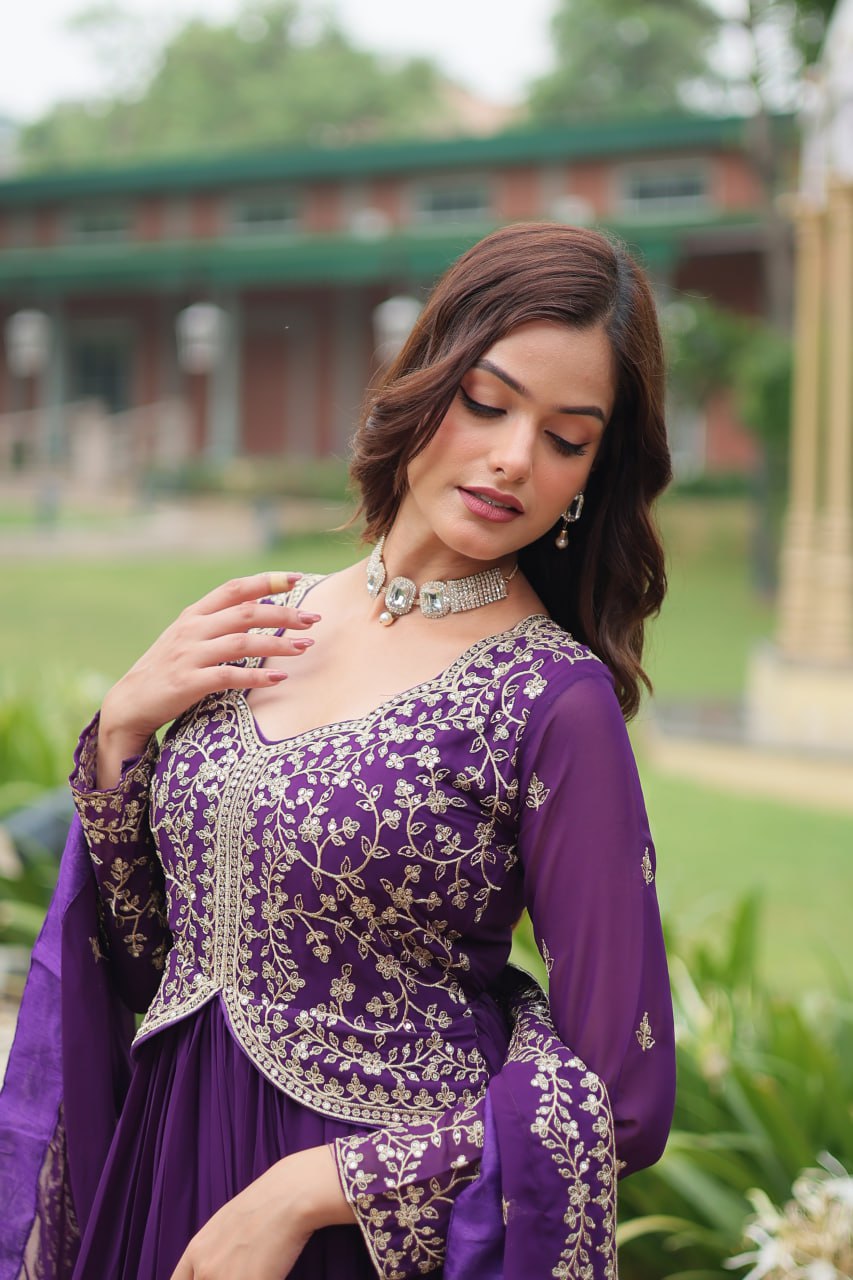Radiant Faux Georgette Intricate Sequins Embroidered Gown With Dupatta - INDIAN ELEGANCE