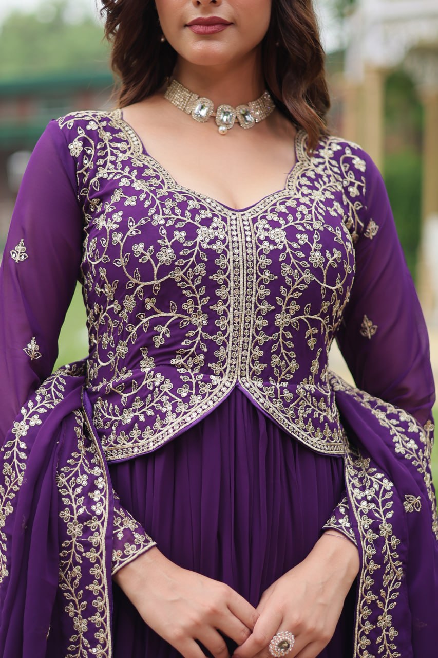 Radiant Faux Georgette Intricate Sequins Embroidered Gown With Dupatta - INDIAN ELEGANCE