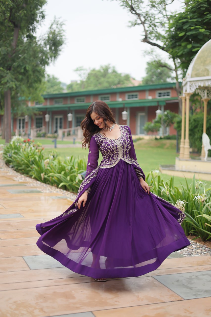 Radiant Faux Georgette Intricate Sequins Embroidered Gown With Dupatta - INDIAN ELEGANCE