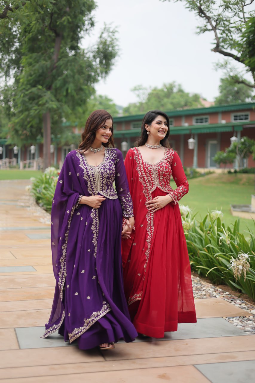 Radiant Faux Georgette Intricate Sequins Embroidered Gown With Dupatta - INDIAN ELEGANCE