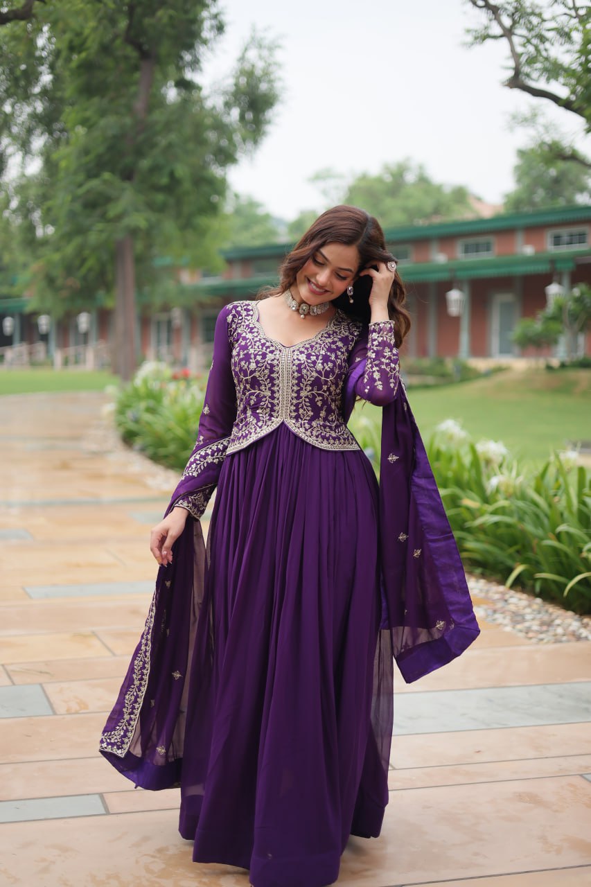 Radiant Faux Georgette Intricate Sequins Embroidered Gown With Dupatta - INDIAN ELEGANCE