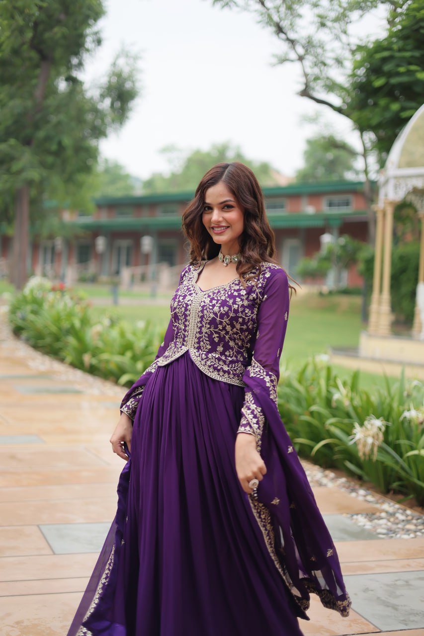 Radiant Faux Georgette Intricate Sequins Embroidered Gown With Dupatta - INDIAN ELEGANCE