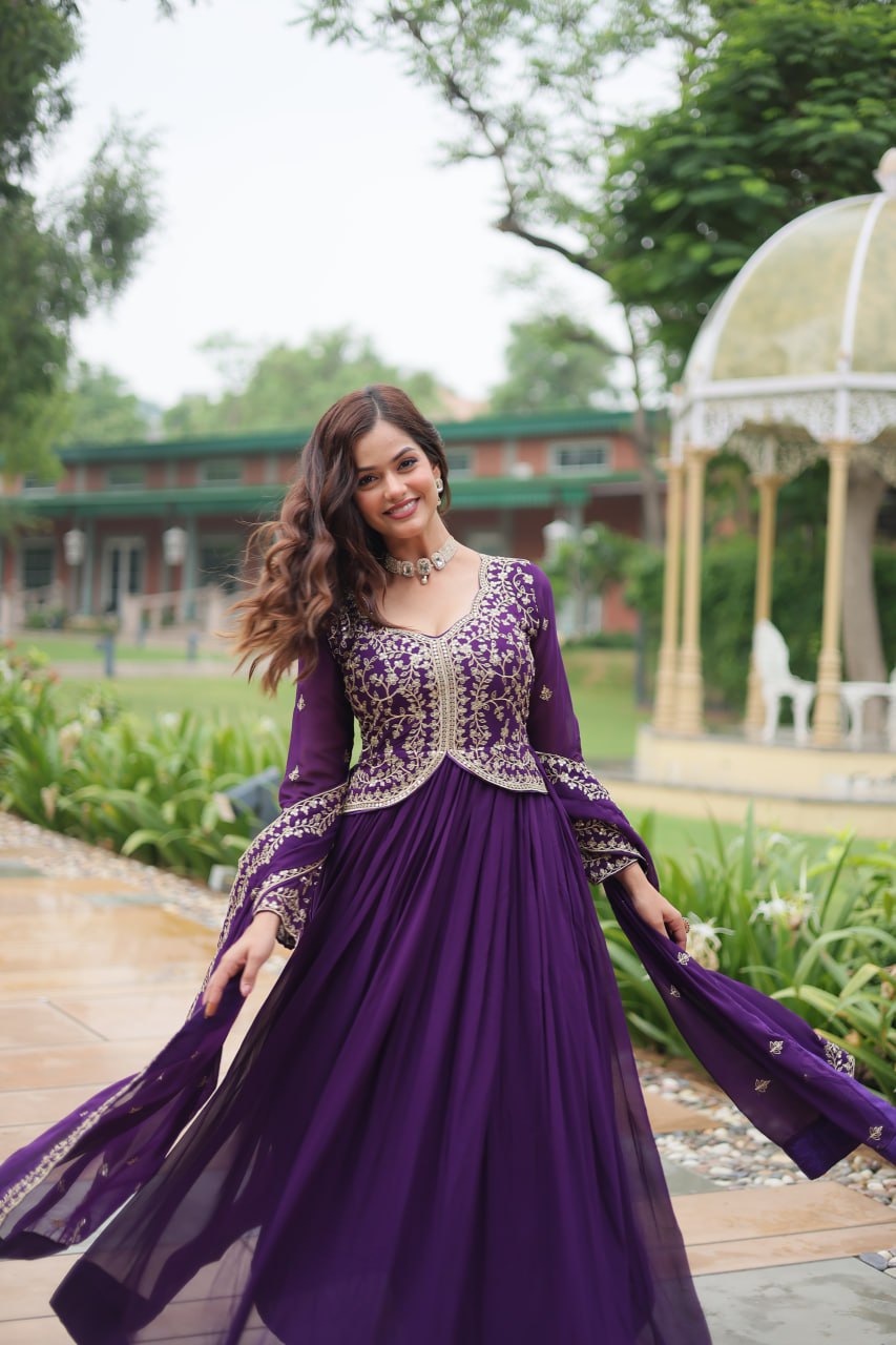Radiant Faux Georgette Intricate Sequins Embroidered Gown With Dupatta - INDIAN ELEGANCE