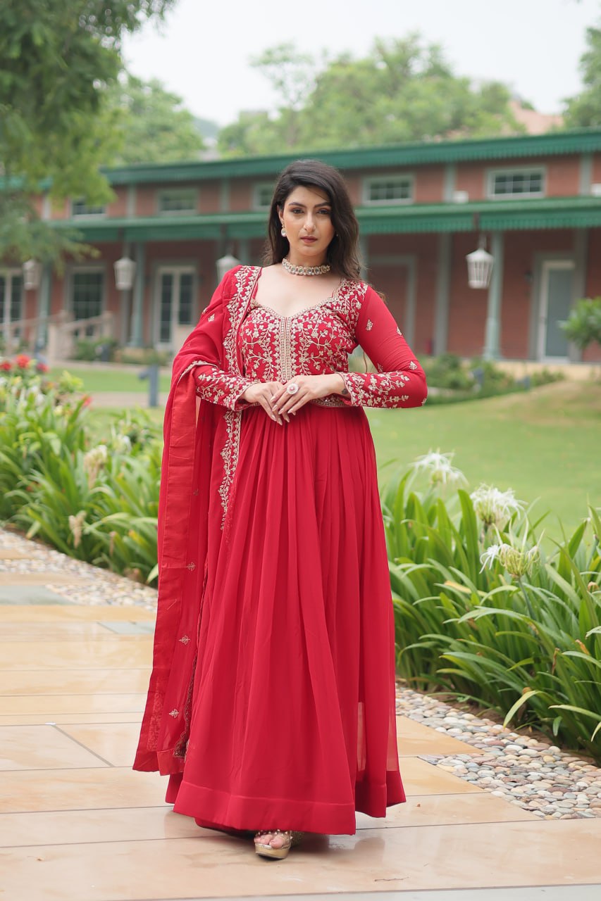 Radiant Faux Georgette Intricate Sequins Embroidered Gown With Dupatta - INDIAN ELEGANCE