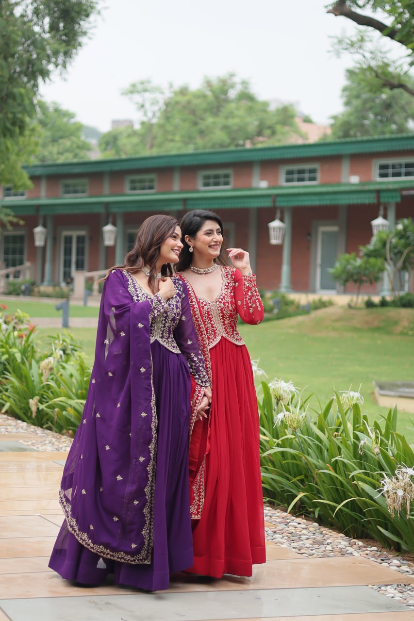 Radiant Faux Georgette Intricate Sequins Embroidered Gown With Dupatta - INDIAN ELEGANCE