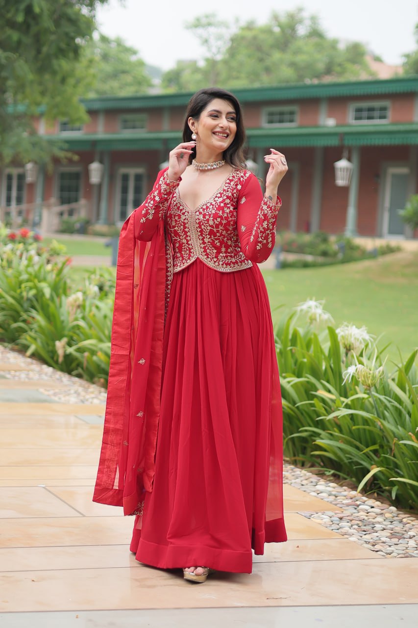 Radiant Faux Georgette Intricate Sequins Embroidered Gown With Dupatta - INDIAN ELEGANCE