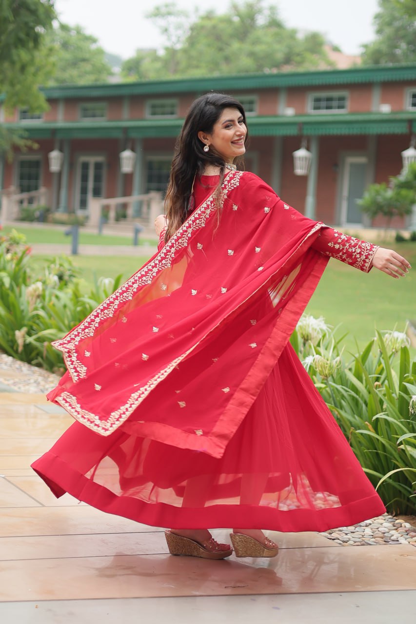Radiant Faux Georgette Intricate Sequins Embroidered Gown With Dupatta - INDIAN ELEGANCE