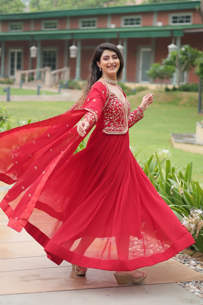 Radiant Faux Georgette Intricate Sequins Embroidered Gown With Dupatta - INDIAN ELEGANCE