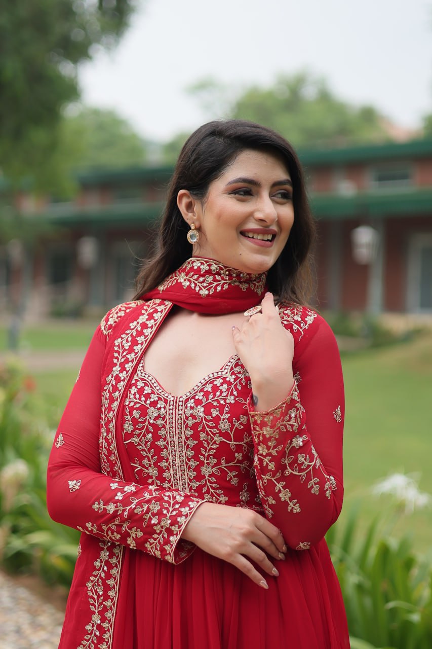 Radiant Faux Georgette Intricate Sequins Embroidered Gown With Dupatta - INDIAN ELEGANCE