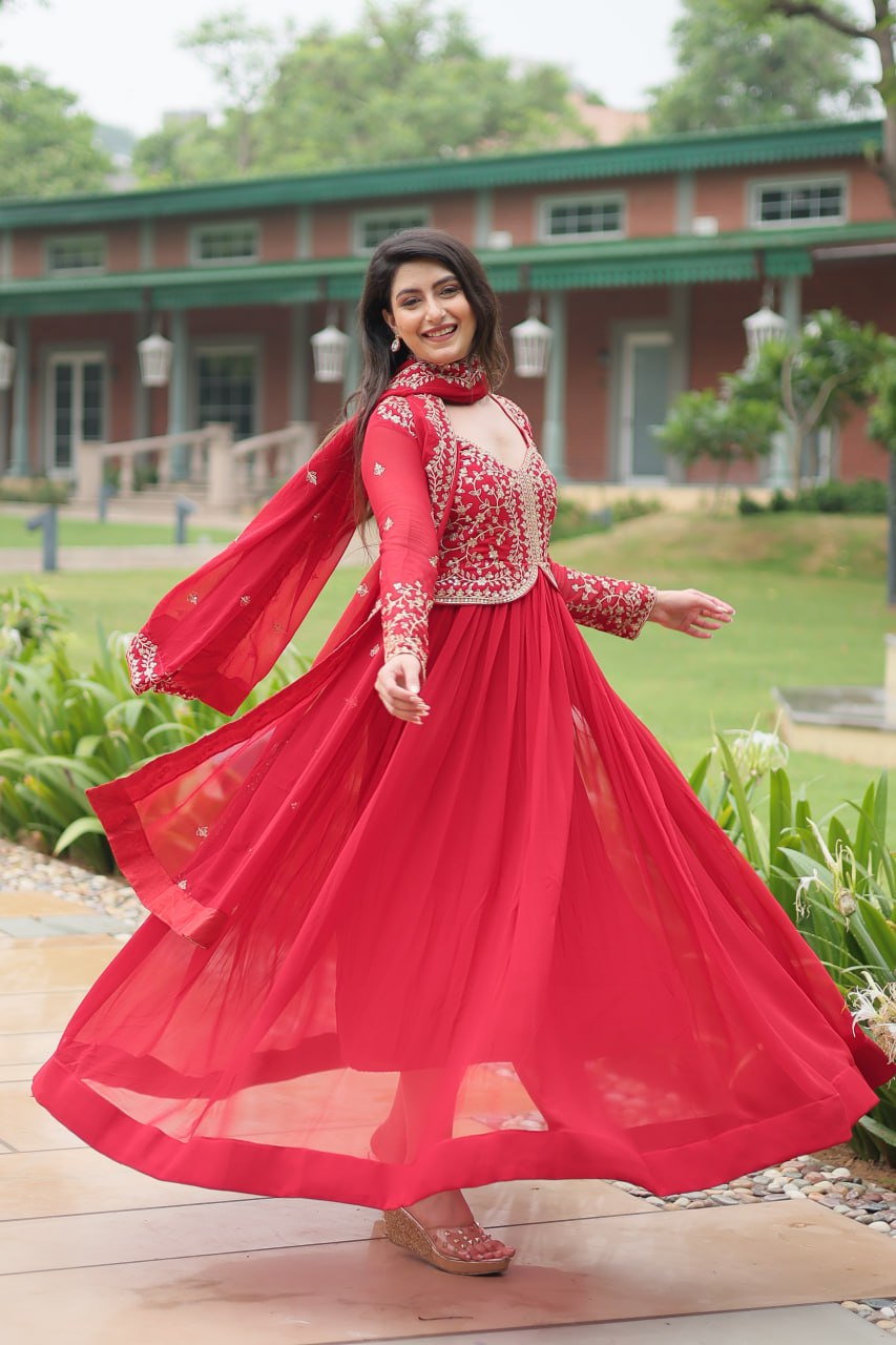 Radiant Faux Georgette Intricate Sequins Embroidered Gown With Dupatta - INDIAN ELEGANCE