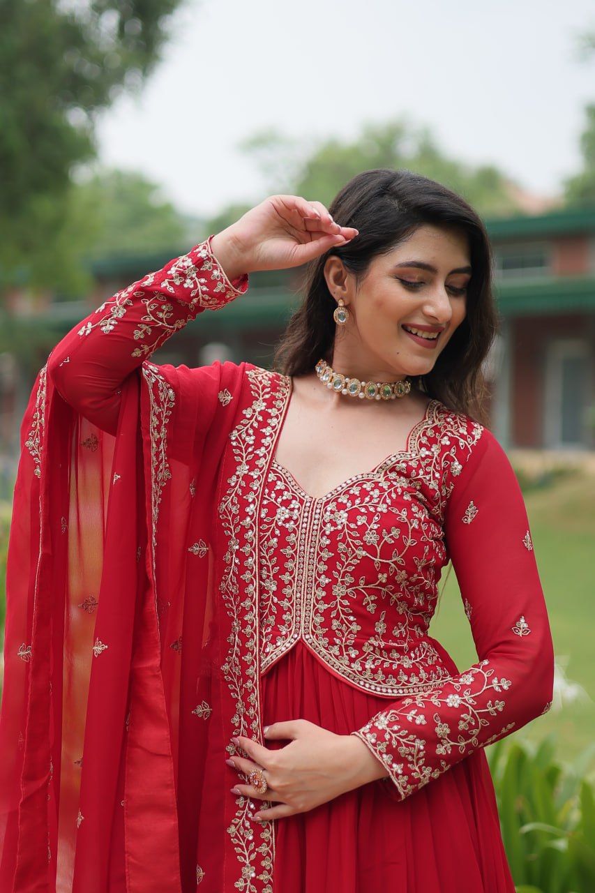 Radiant Faux Georgette Intricate Sequins Embroidered Gown With Dupatta - INDIAN ELEGANCE