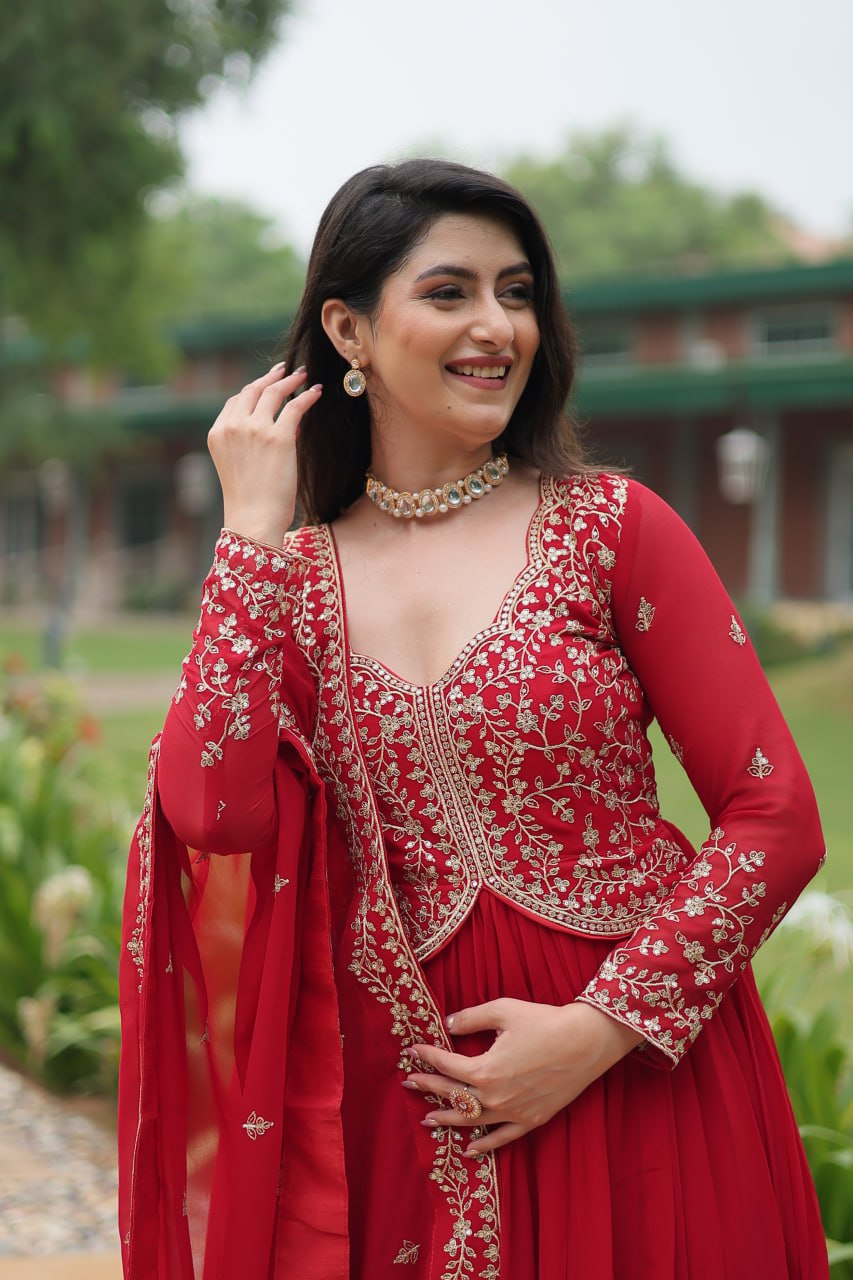 Radiant Faux Georgette Intricate Sequins Embroidered Gown With Dupatta - INDIAN ELEGANCE