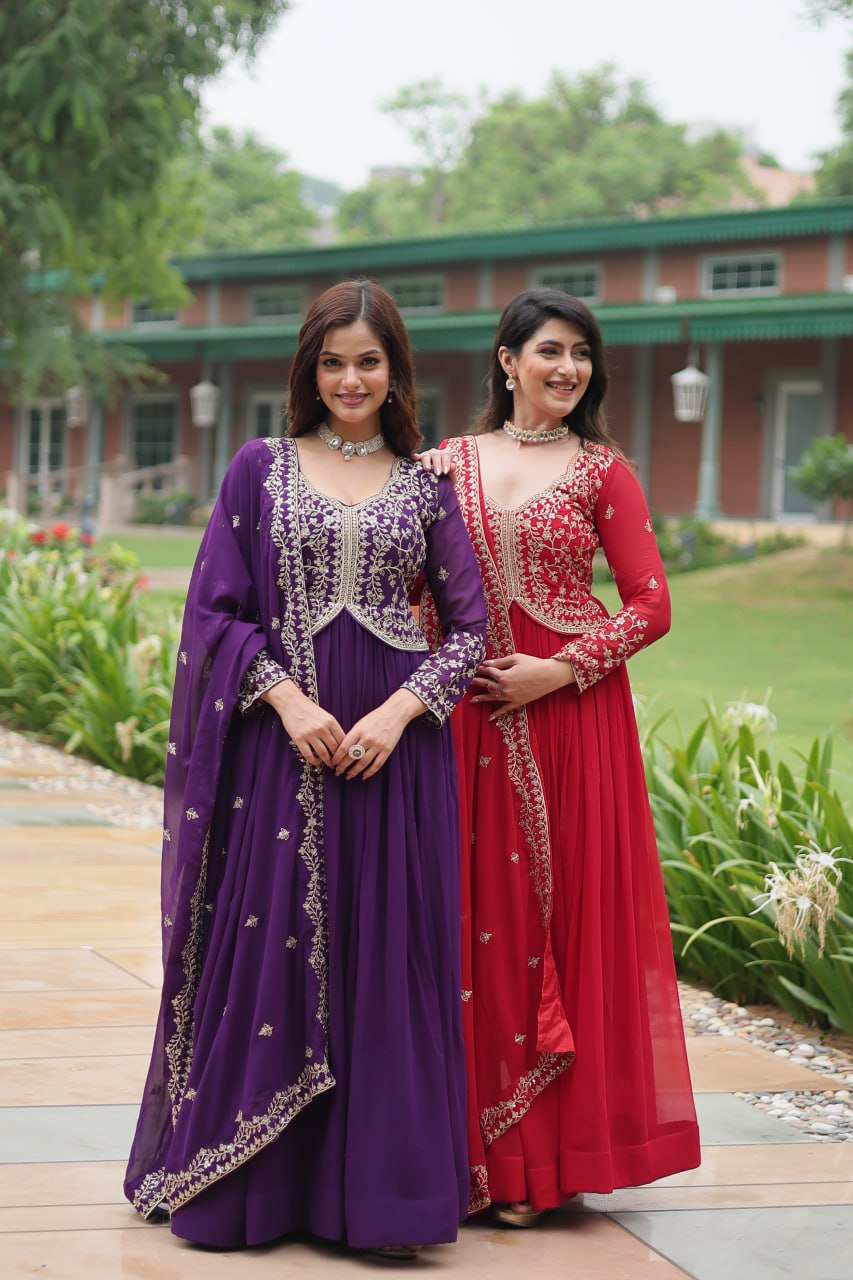 Radiant Faux Georgette Intricate Sequins Embroidered Gown With Dupatta - INDIAN ELEGANCE