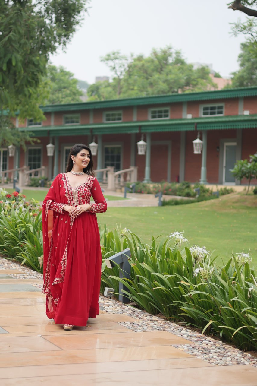 Radiant Faux Georgette Intricate Sequins Embroidered Gown With Dupatta - INDIAN ELEGANCE