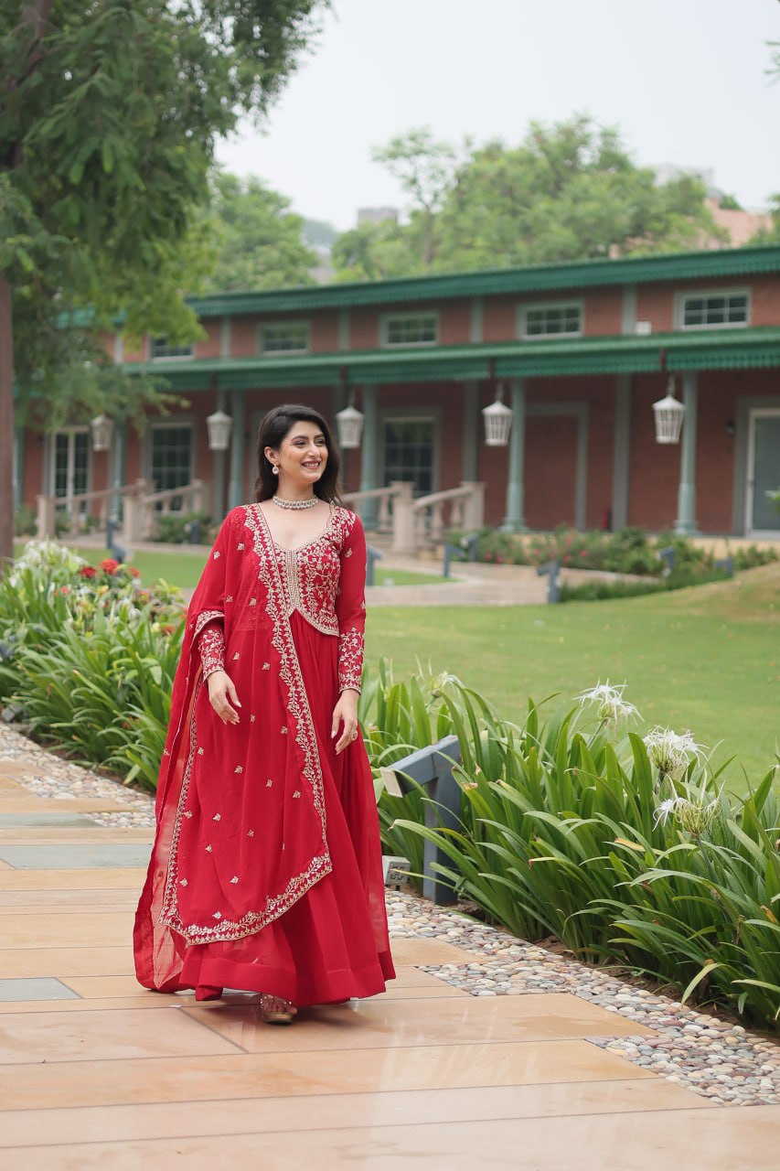 Radiant Faux Georgette Intricate Sequins Embroidered Gown With Dupatta - INDIAN ELEGANCE