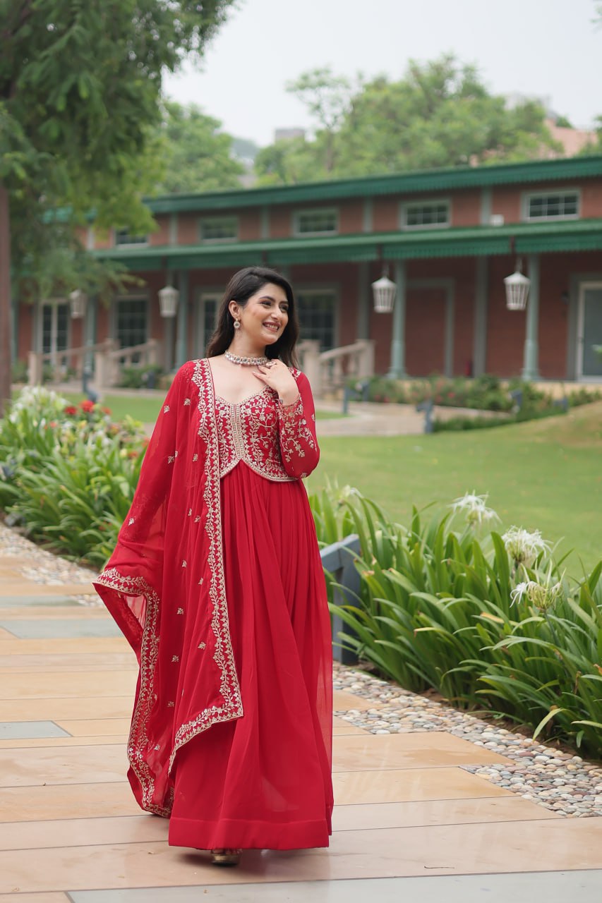 Radiant Faux Georgette Intricate Sequins Embroidered Gown With Dupatta - INDIAN ELEGANCE