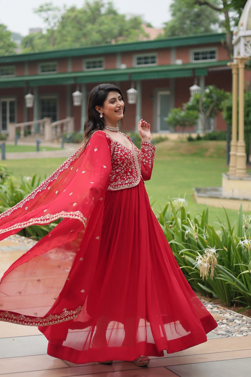 Radiant Faux Georgette Intricate Sequins Embroidered Gown With Dupatta - INDIAN ELEGANCE