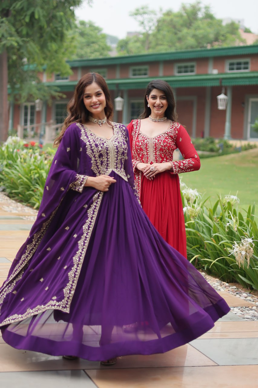 Radiant Faux Georgette Intricate Sequins Embroidered Gown With Dupatta - INDIAN ELEGANCE
