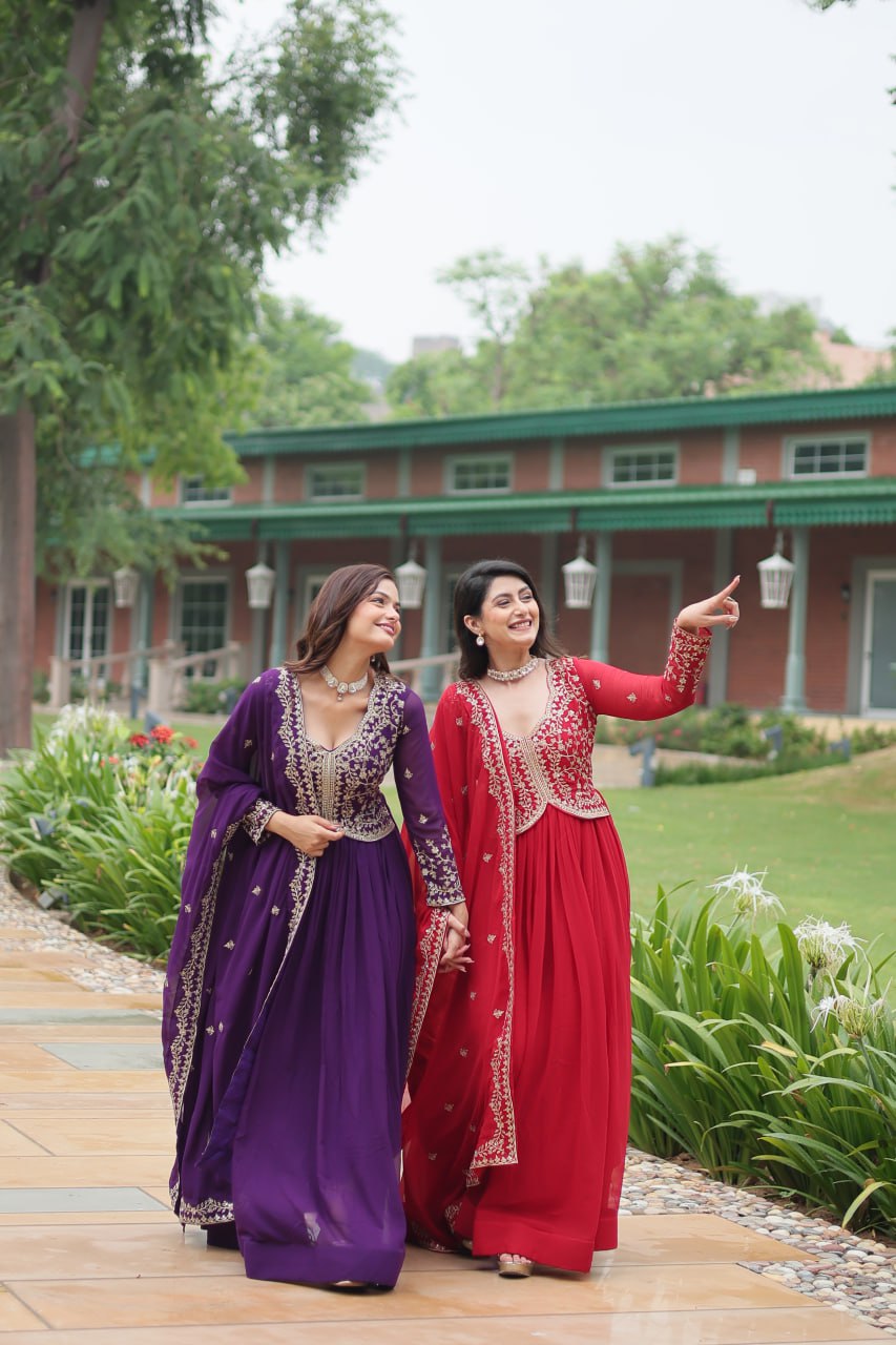Radiant Faux Georgette Intricate Sequins Embroidered Gown With Dupatta - INDIAN ELEGANCE