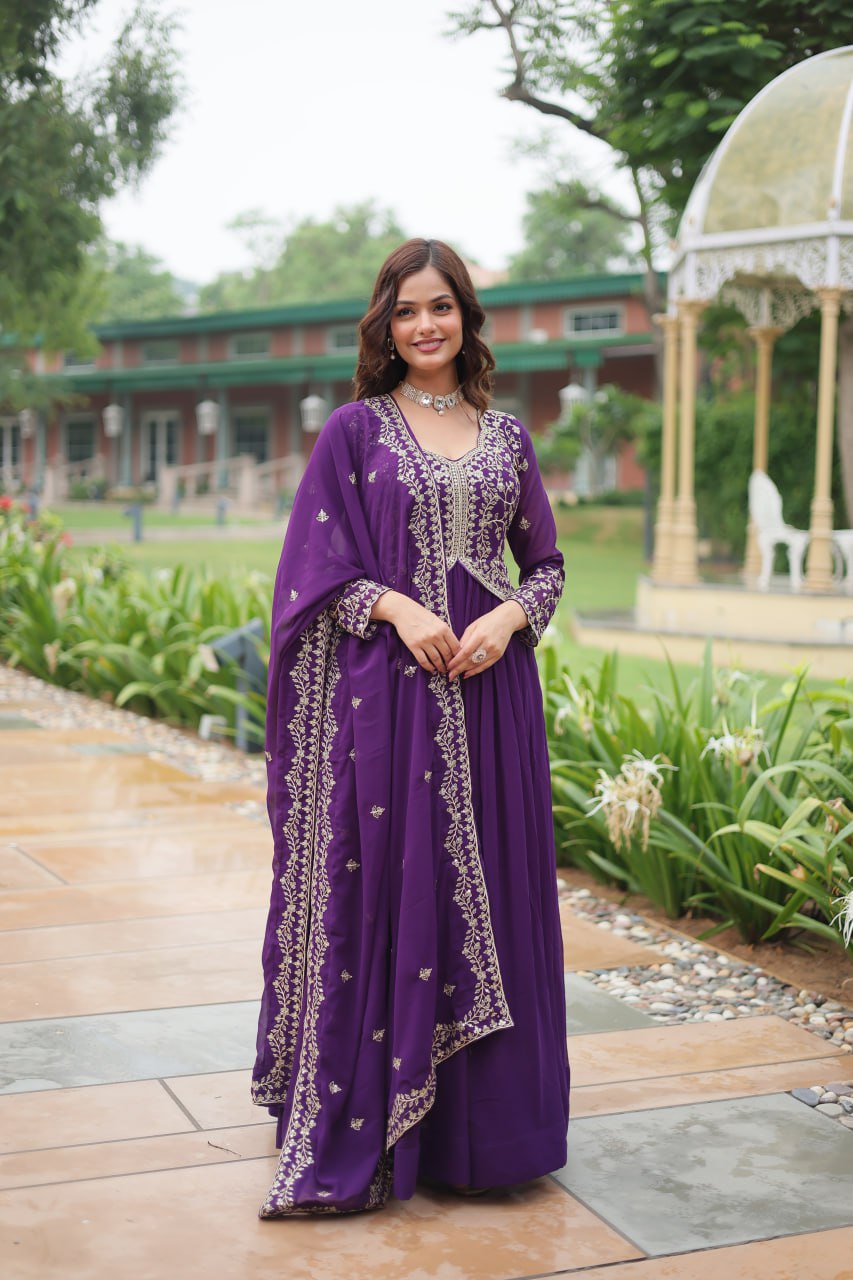 Radiant Faux Georgette Intricate Sequins Embroidered Gown With Dupatta - INDIAN ELEGANCE
