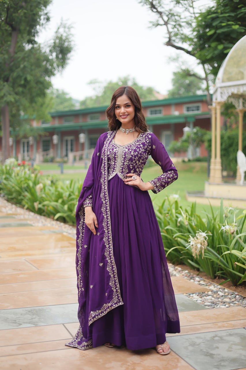 Radiant Faux Georgette Intricate Sequins Embroidered Gown With Dupatta - INDIAN ELEGANCE