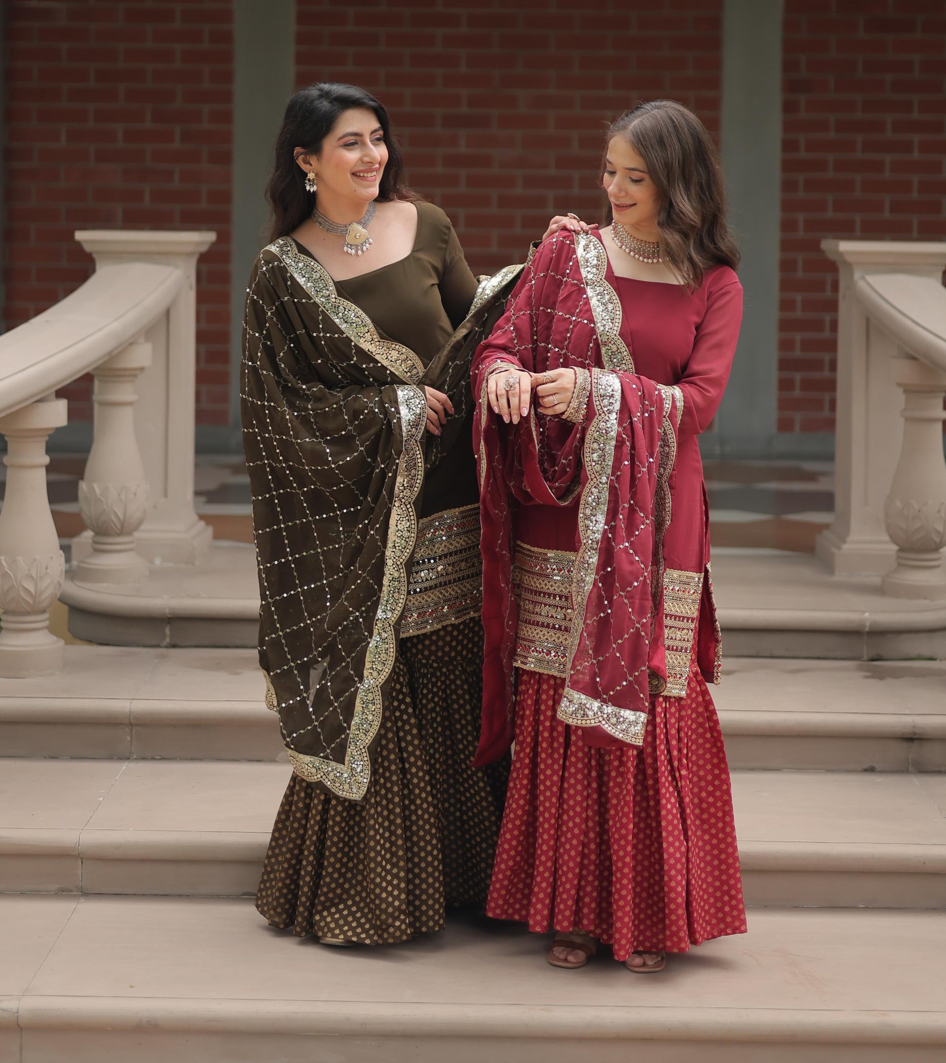 Dashing Faux Georgette Sequins Thread Worked Top Sharara Suit - INDIAN ELEGANCE