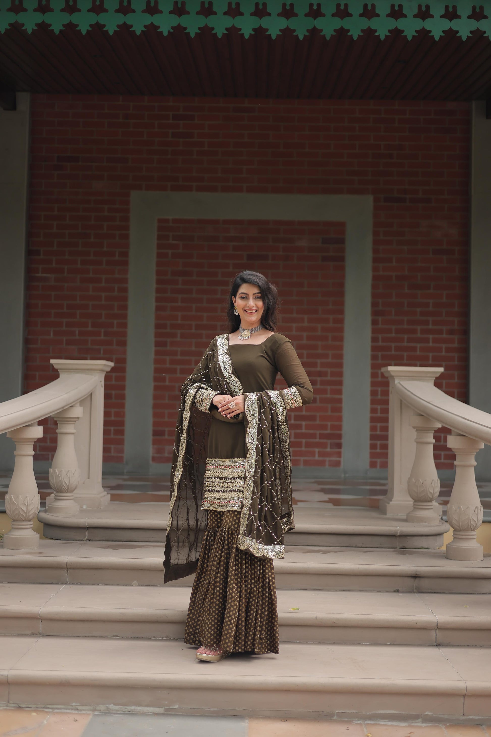 Dashing Faux Georgette Sequins Thread Worked Top Sharara Suit - INDIAN ELEGANCE