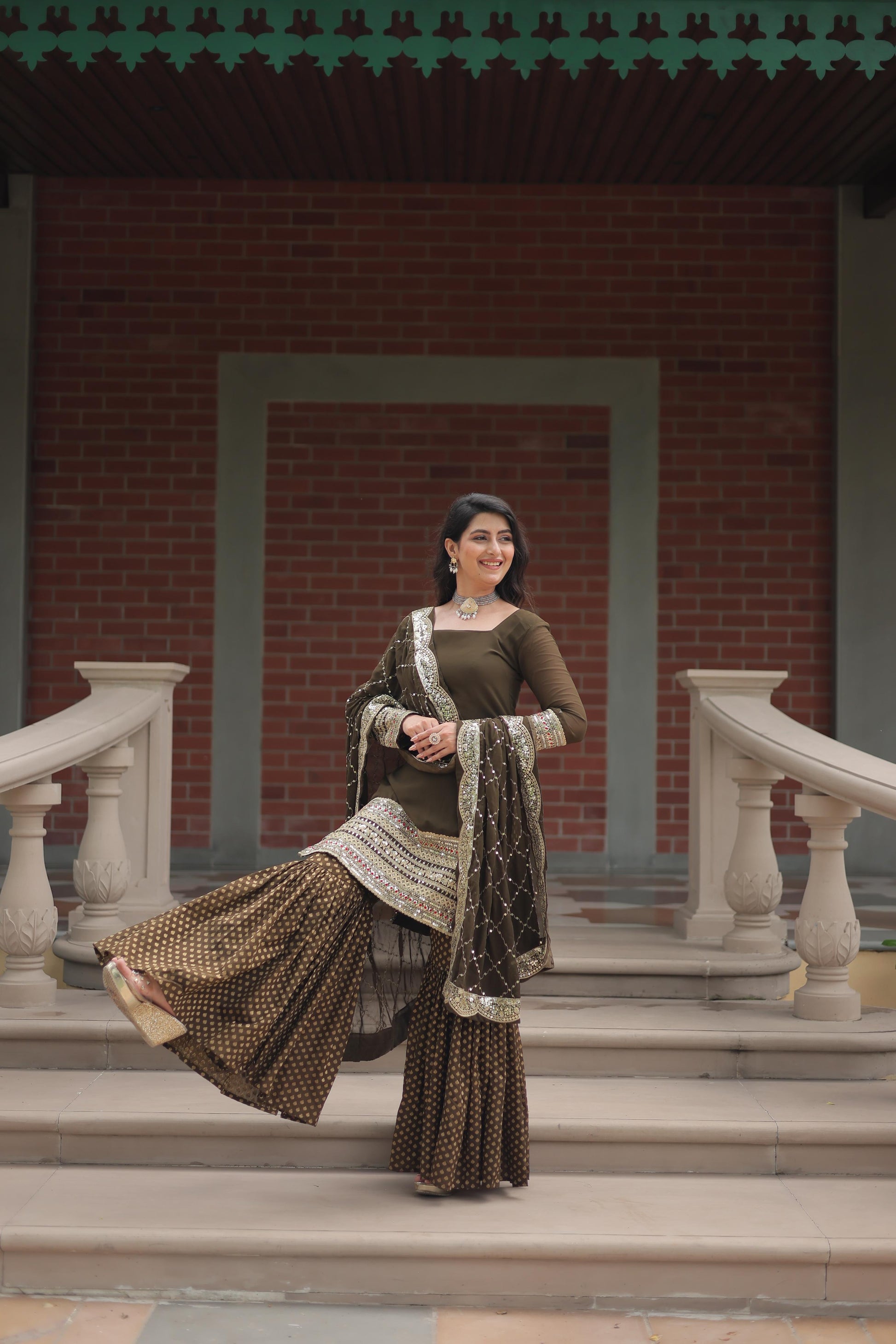 Dashing Faux Georgette Sequins Thread Worked Top Sharara Suit - INDIAN ELEGANCE