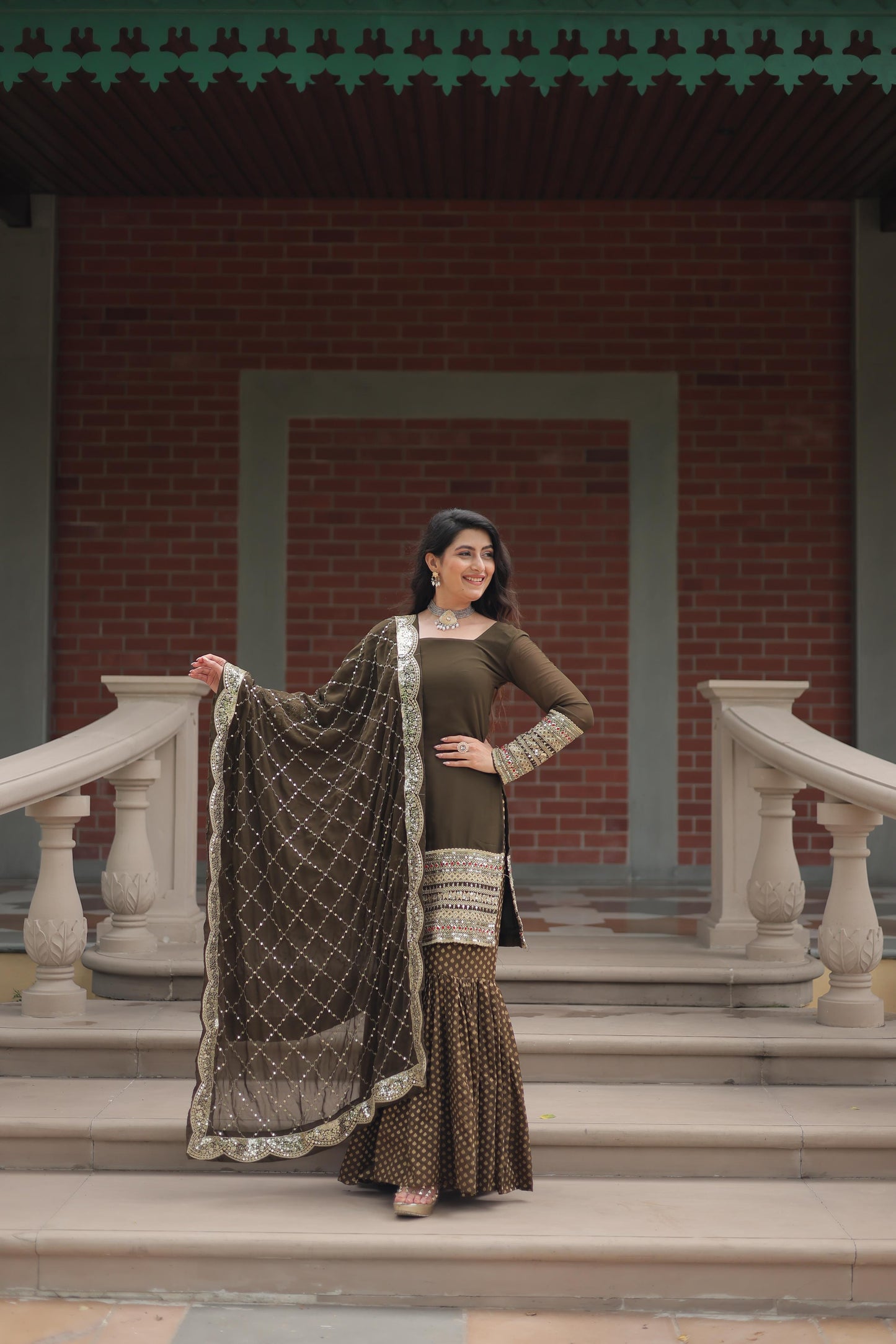 Dashing Faux Georgette Sequins Thread Worked Top Sharara Suit - INDIAN ELEGANCE