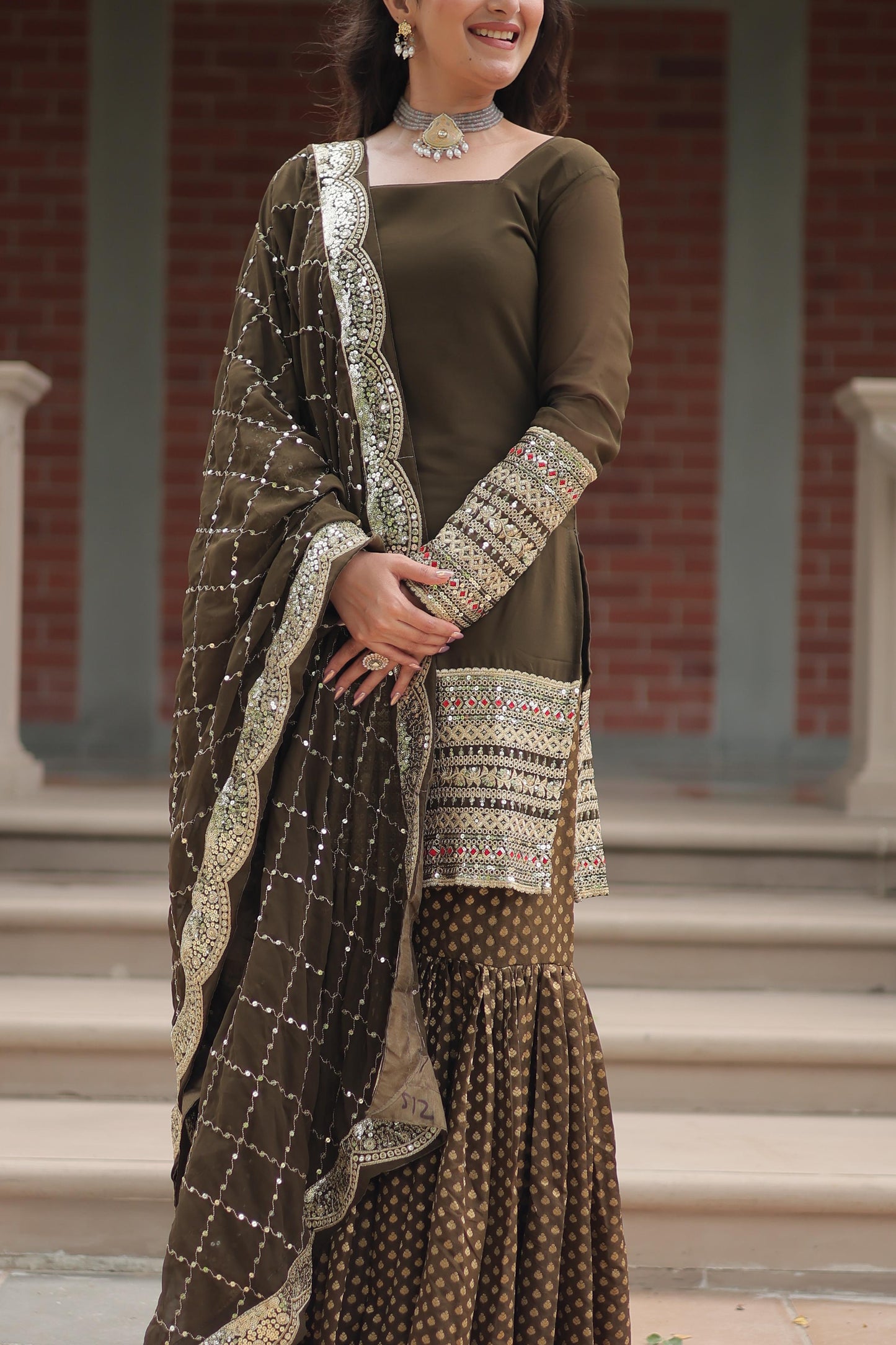 Dashing Faux Georgette Sequins Thread Worked Top Sharara Suit - INDIAN ELEGANCE