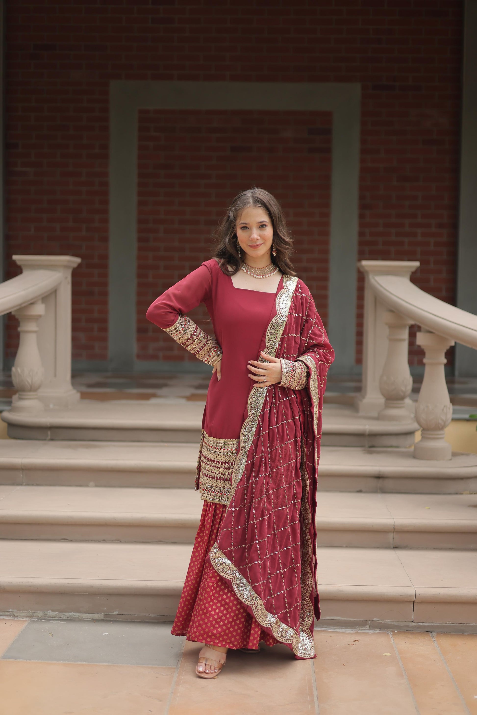 Dashing Faux Georgette Sequins Thread Worked Top Sharara Suit - INDIAN ELEGANCE