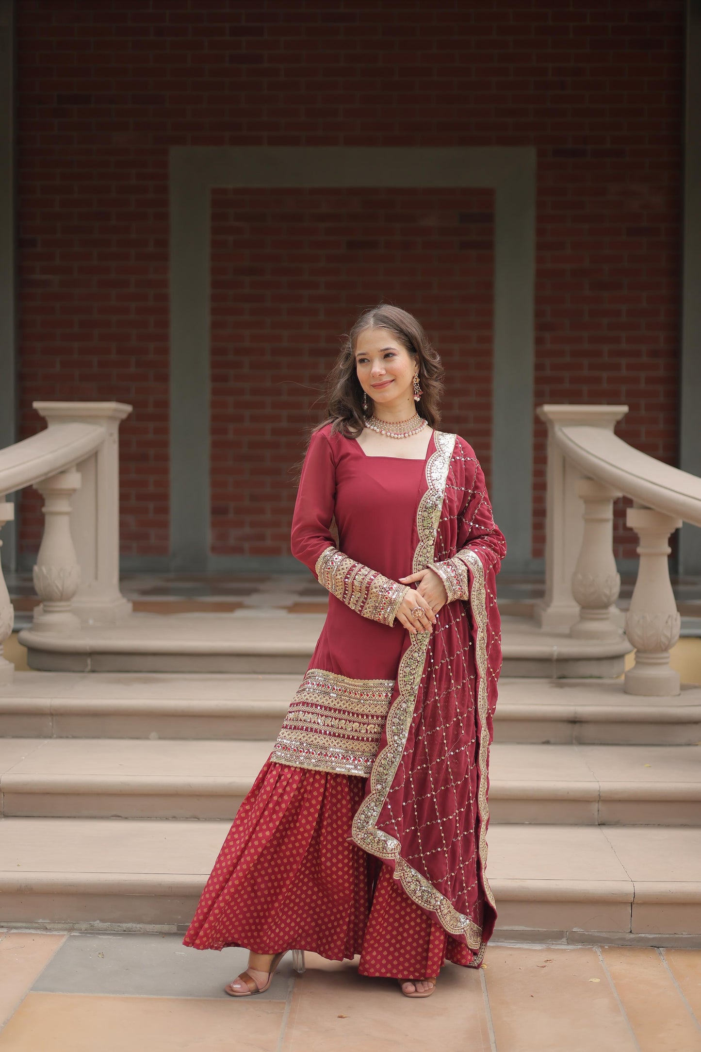Dashing Faux Georgette Sequins Thread Worked Top Sharara Suit - INDIAN ELEGANCE