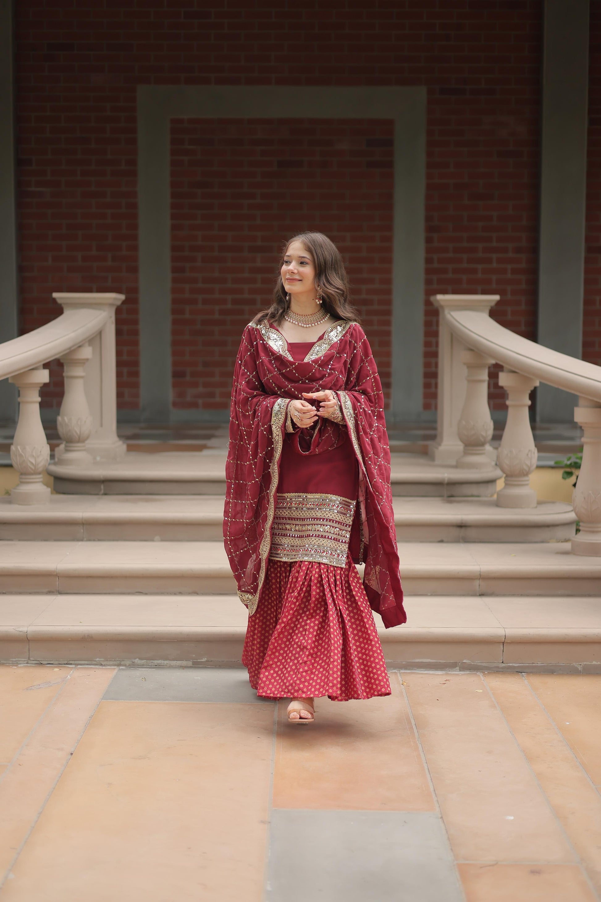 Dashing Faux Georgette Sequins Thread Worked Top Sharara Suit - INDIAN ELEGANCE