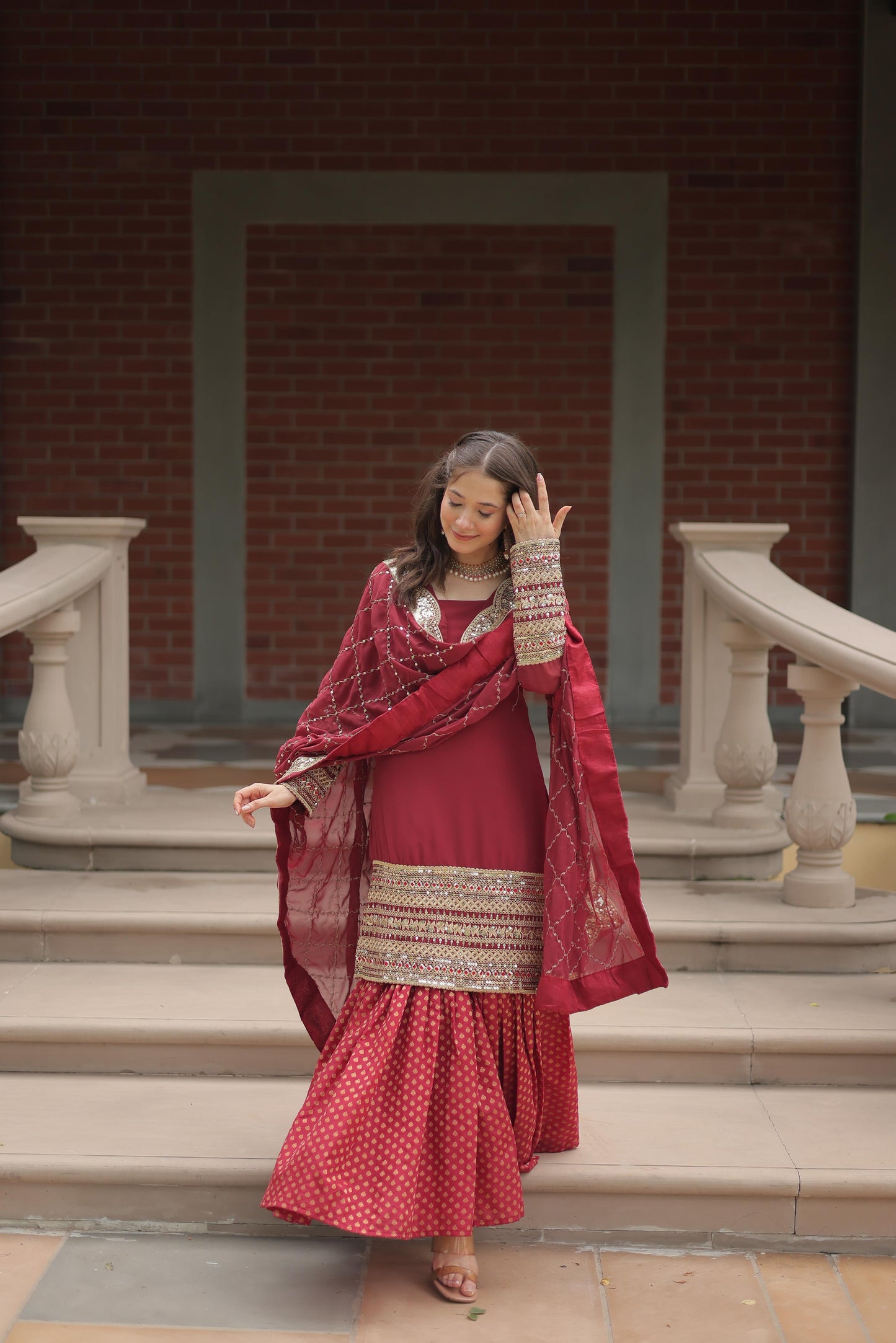 Dashing Faux Georgette Sequins Thread Worked Top Sharara Suit - INDIAN ELEGANCE