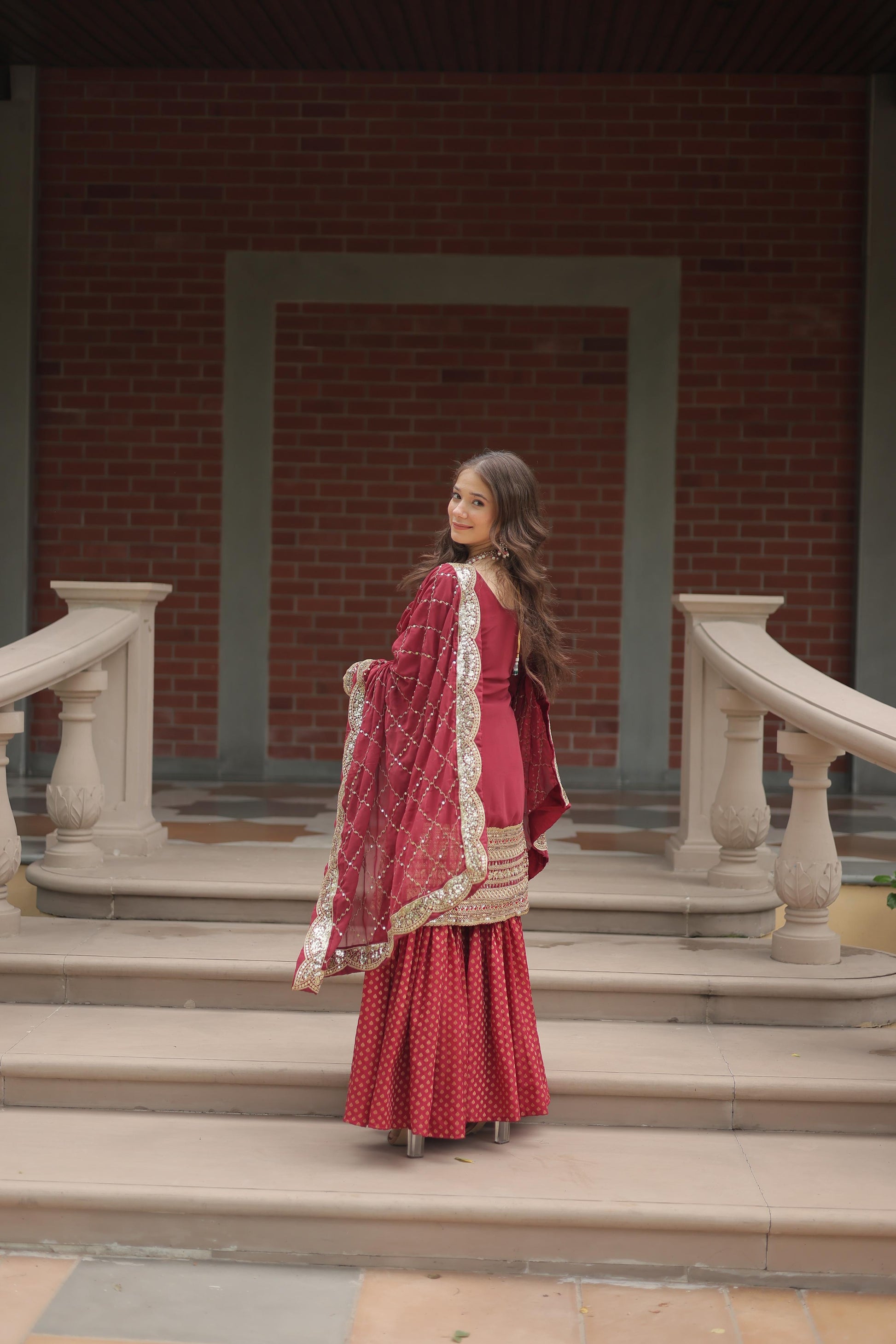 Dashing Faux Georgette Sequins Thread Worked Top Sharara Suit - INDIAN ELEGANCE
