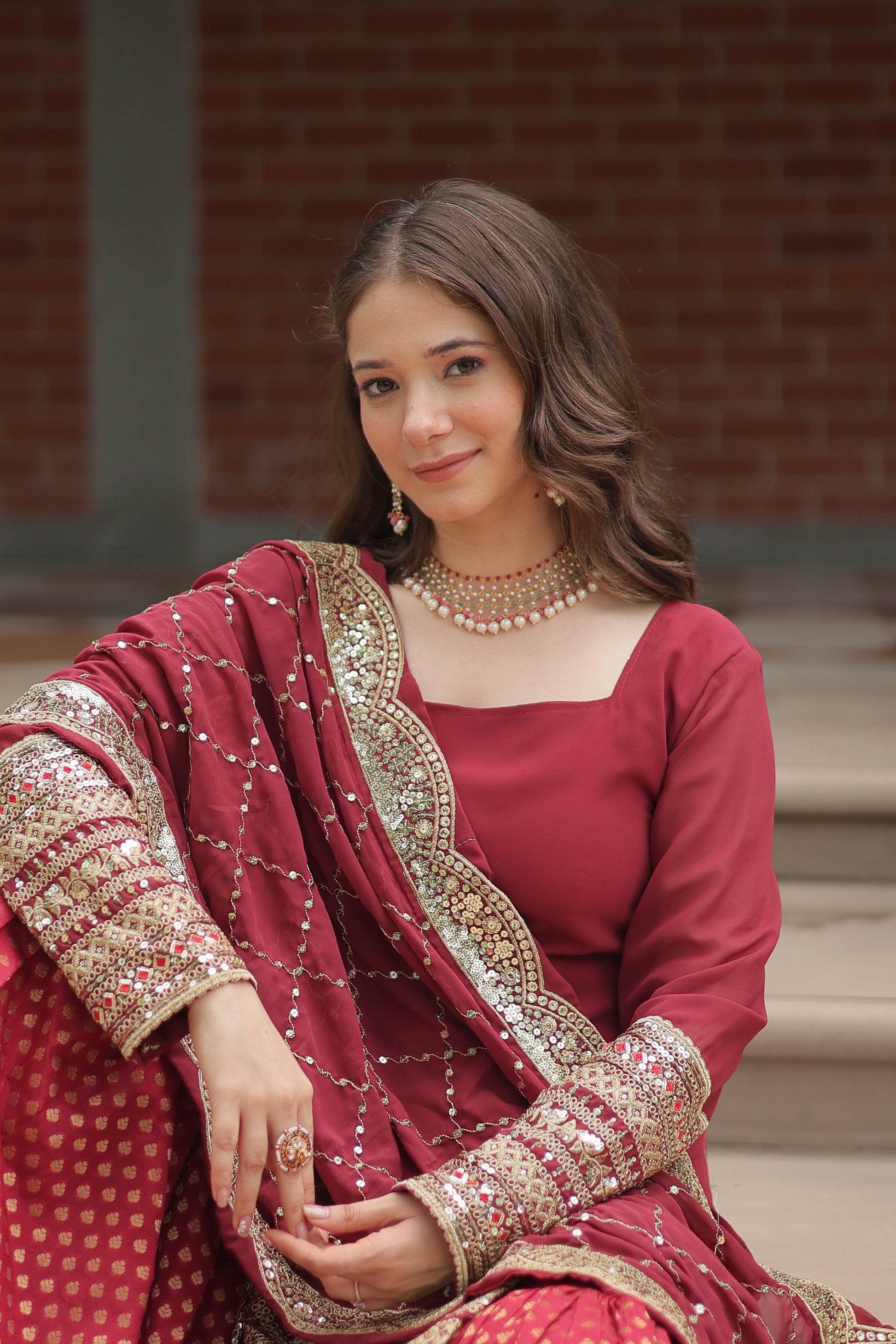 Dashing Faux Georgette Sequins Thread Worked Top Sharara Suit - INDIAN ELEGANCE