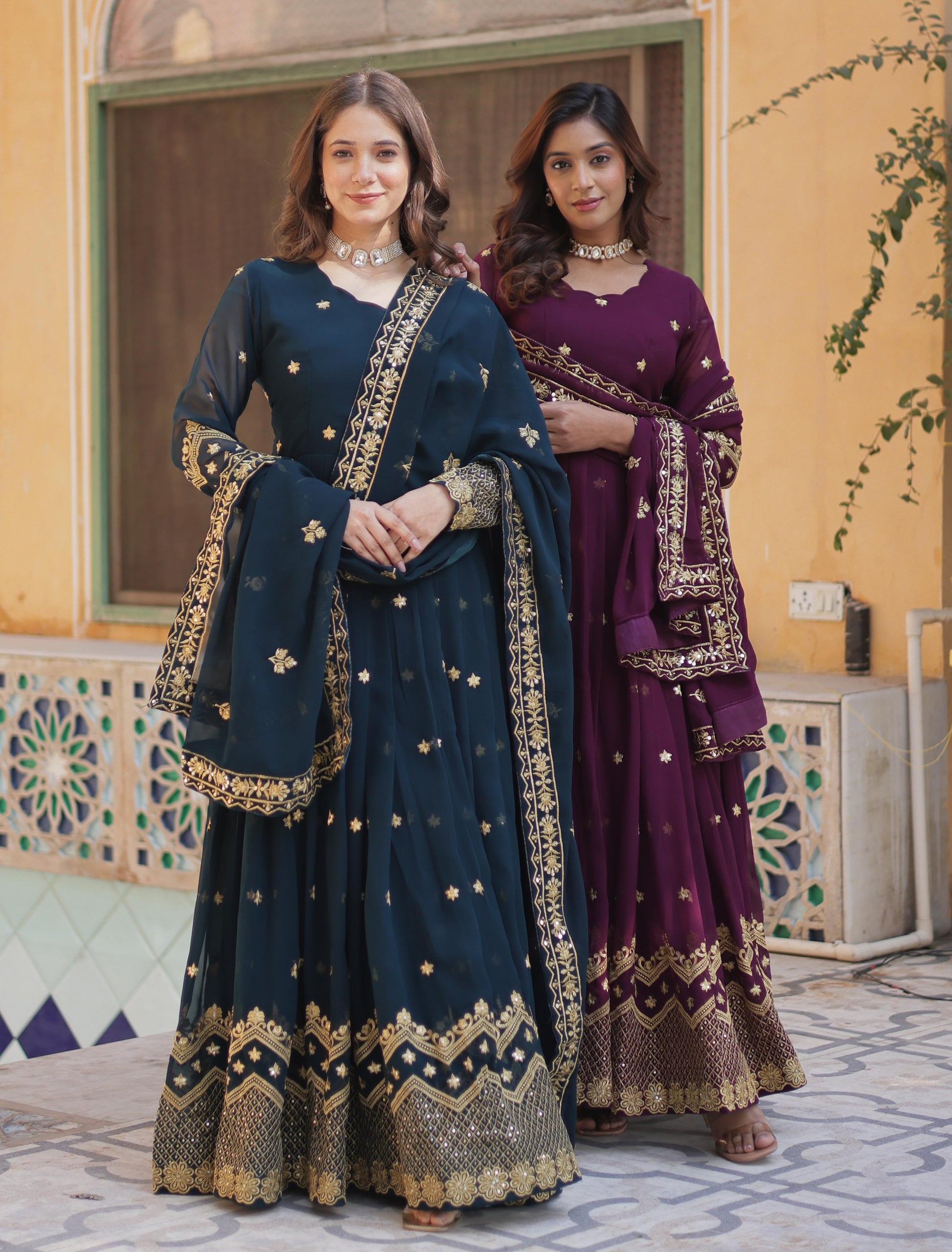Breathtaking Faux Georgette Zari Sequins Embroidered Gown With Dupatta - INDIAN ELEGANCE
