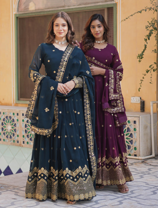 Breathtaking Faux Georgette Zari Sequins Embroidered Gown With Dupatta - INDIAN ELEGANCE
