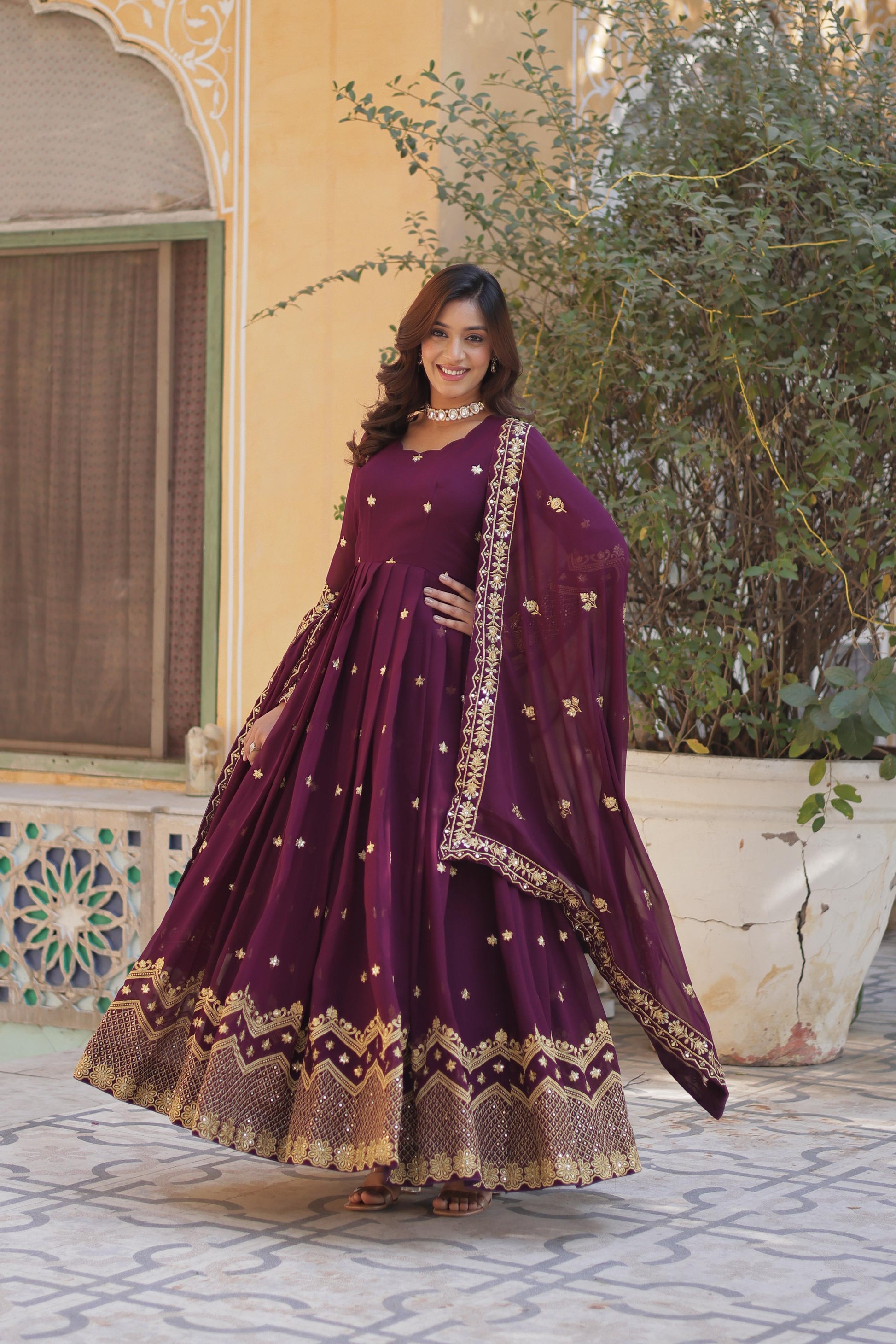 Breathtaking Faux Georgette Zari Sequins Embroidered Gown With Dupatta - INDIAN ELEGANCE