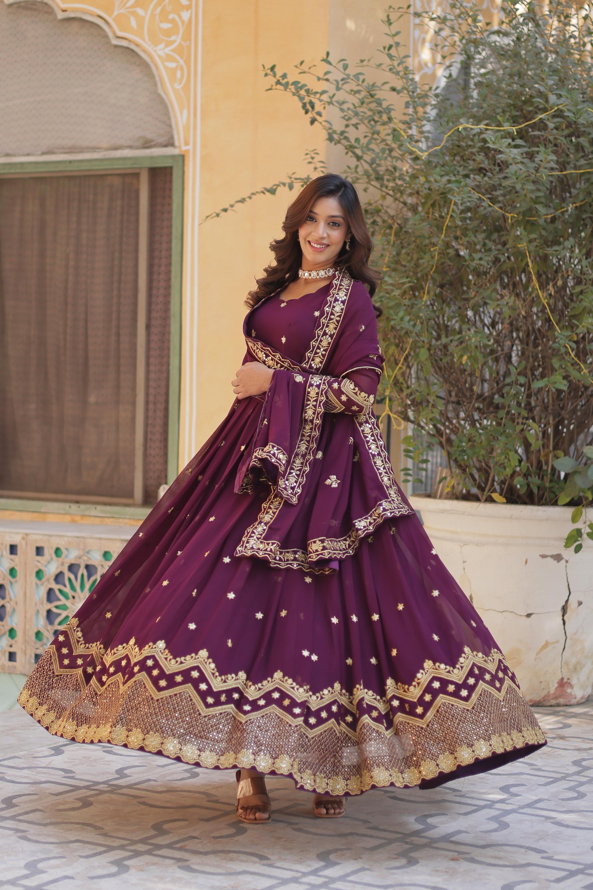 Breathtaking Faux Georgette Zari Sequins Embroidered Gown With Dupatta - INDIAN ELEGANCE